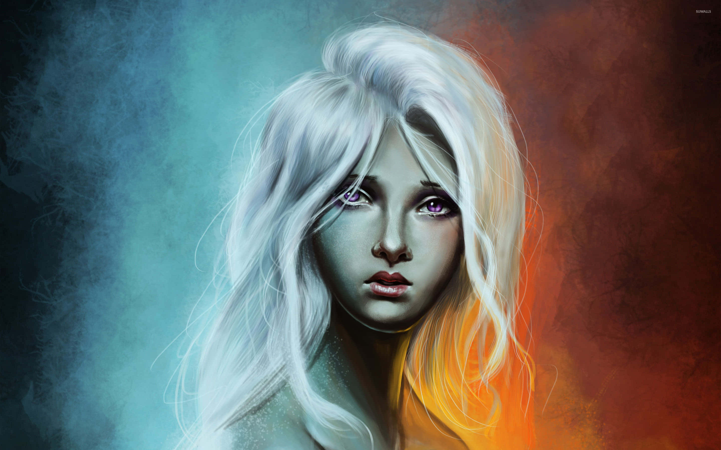 Cute Digital Art, pale woman, white hair, 2K Desktop Wallpaper