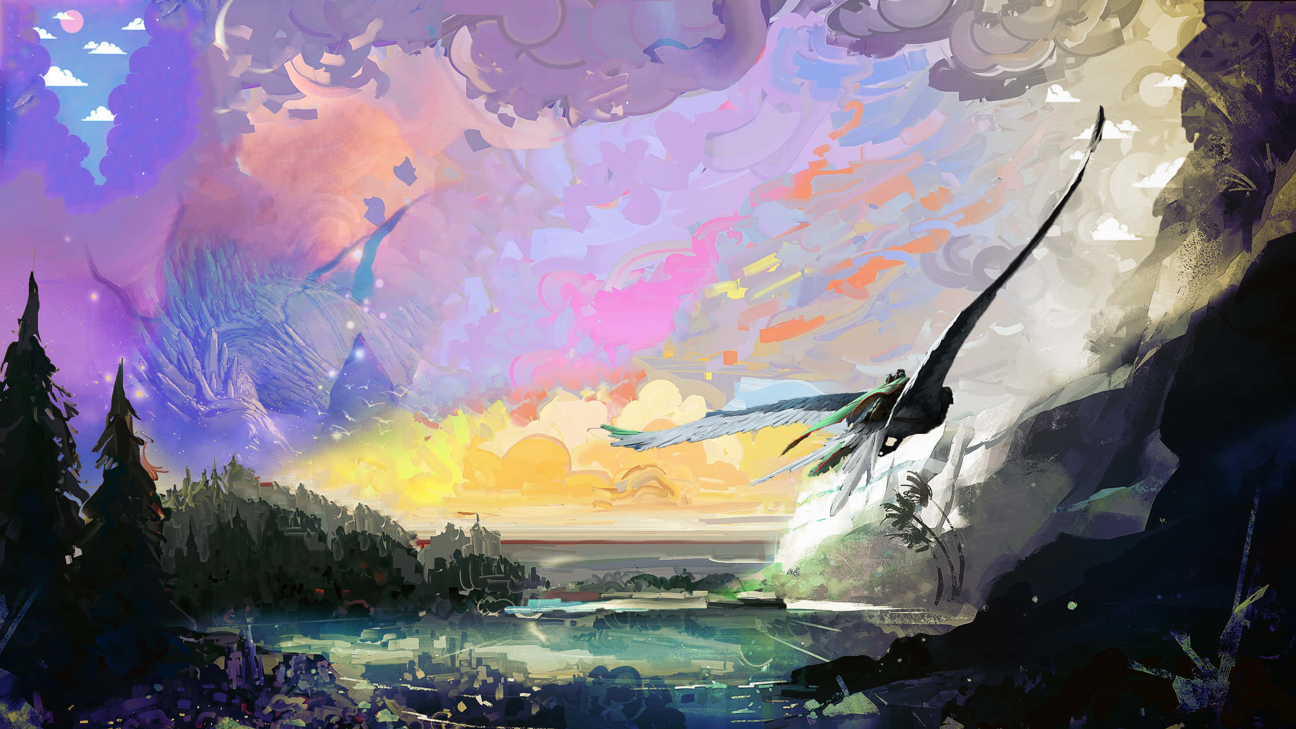 dragon, serene lake, sunset, 2K Desktop Wallpaper