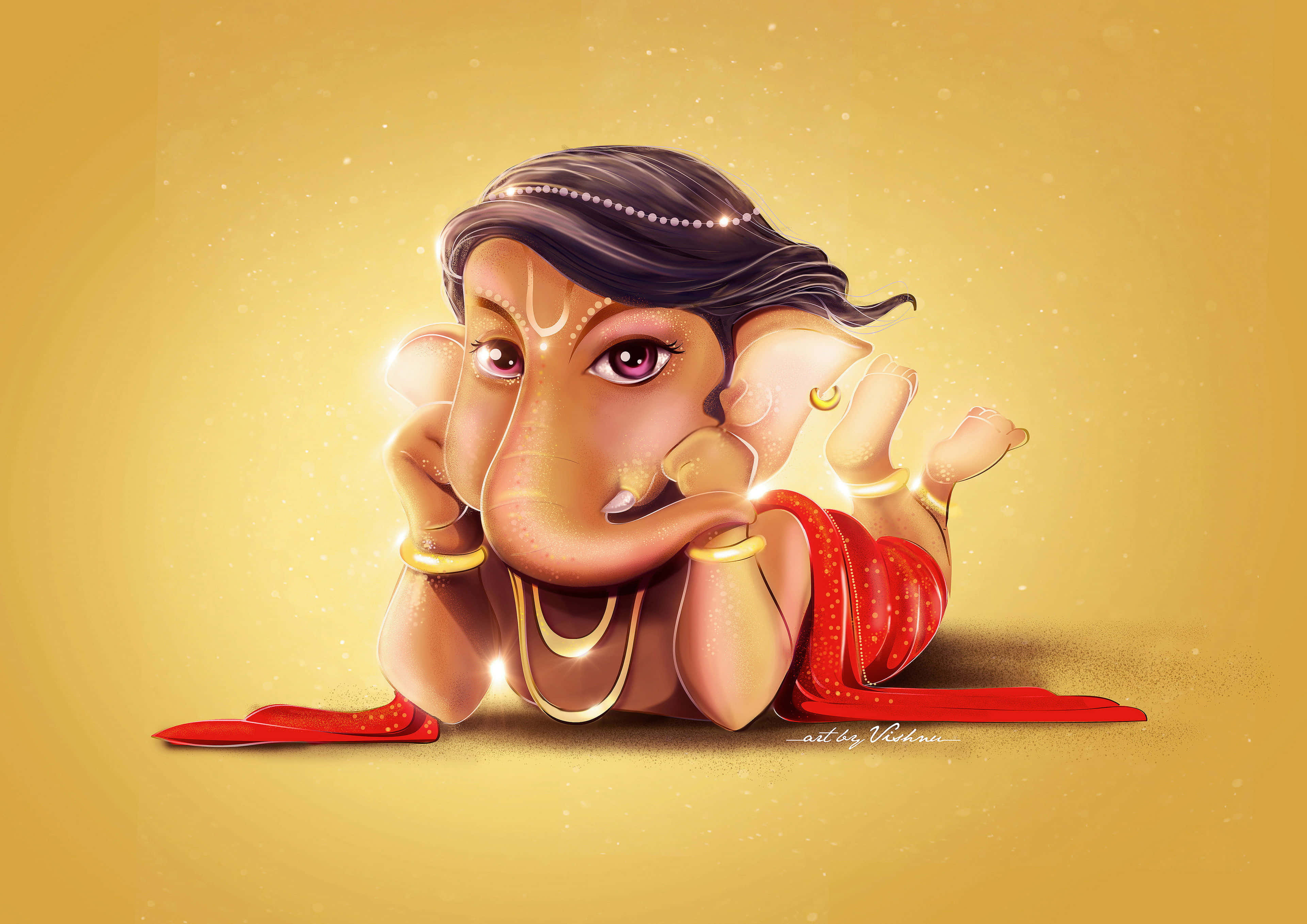 baby Ganesha, golden background, red and gold jewelry, 4K Desktop Wallpaper