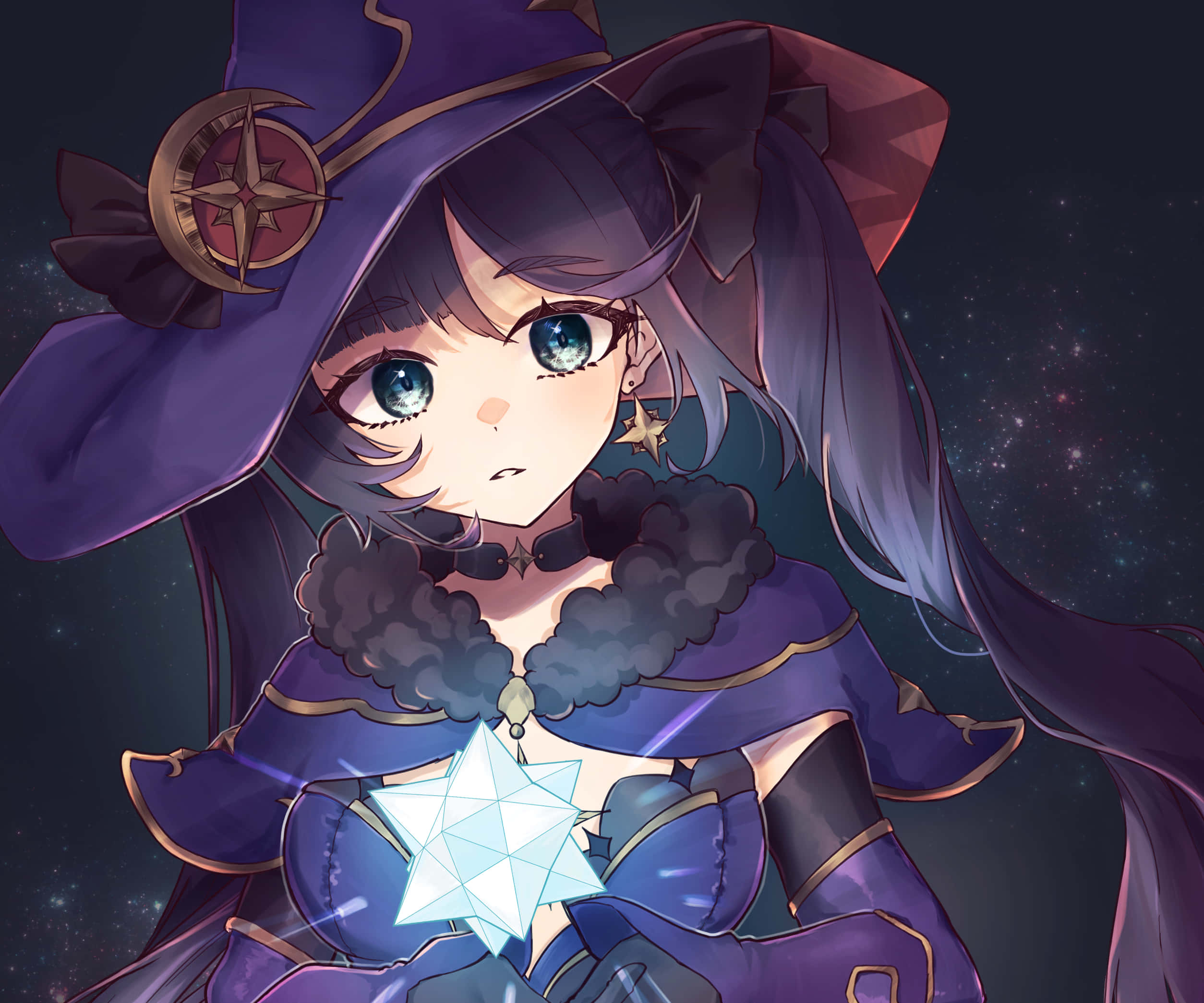 anime witch, purple hat, cloak, Full HD Desktop Wallpaper