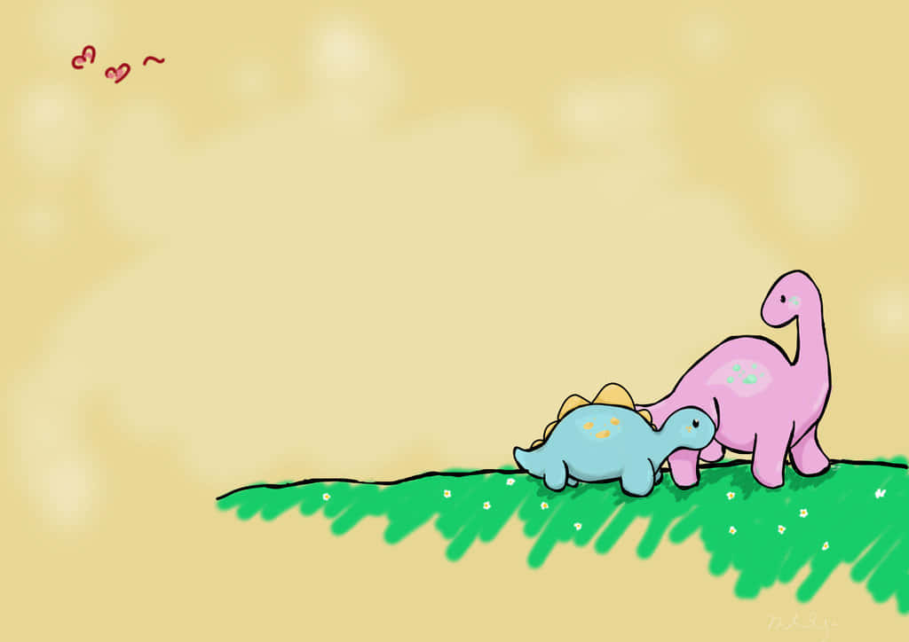 pink brontosaurus, blue stegosaurus, green grass, SD Desktop Wallpaper