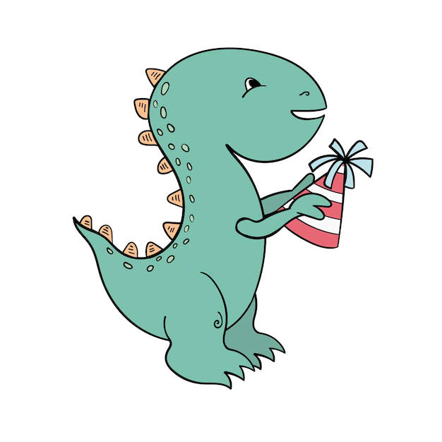 teal cartoon dinosaur, orange spikes, red and white striped party hat, SD Desktop Wallpaper