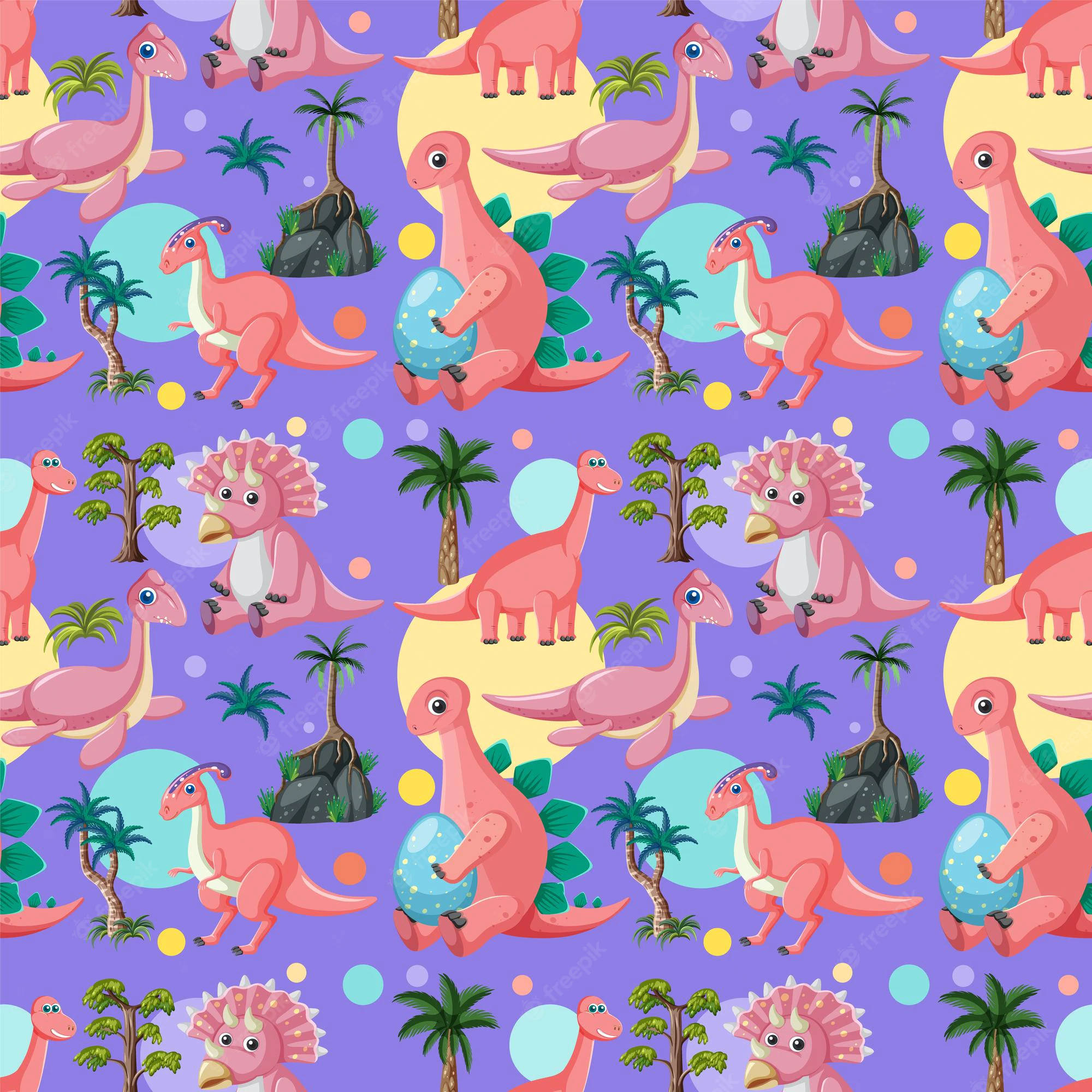 Flamingo Aesthetic Dino, pink cartoon dinosaurs, eggs, Full HD Desktop Wallpaper
