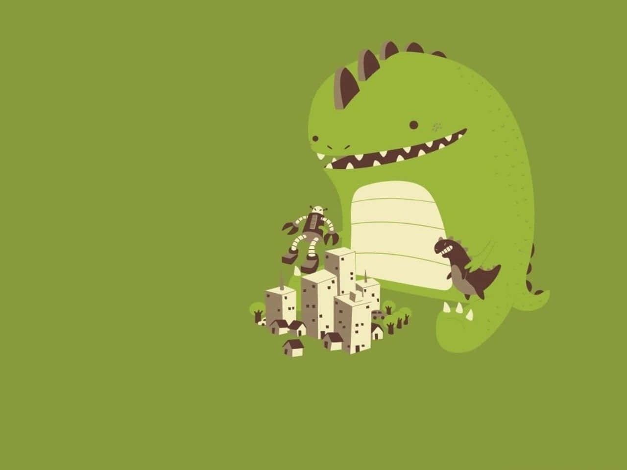 cute dinosaur desktop, giant green cartoon dinosaur, tiny cityscape, HD Desktop Wallpaper