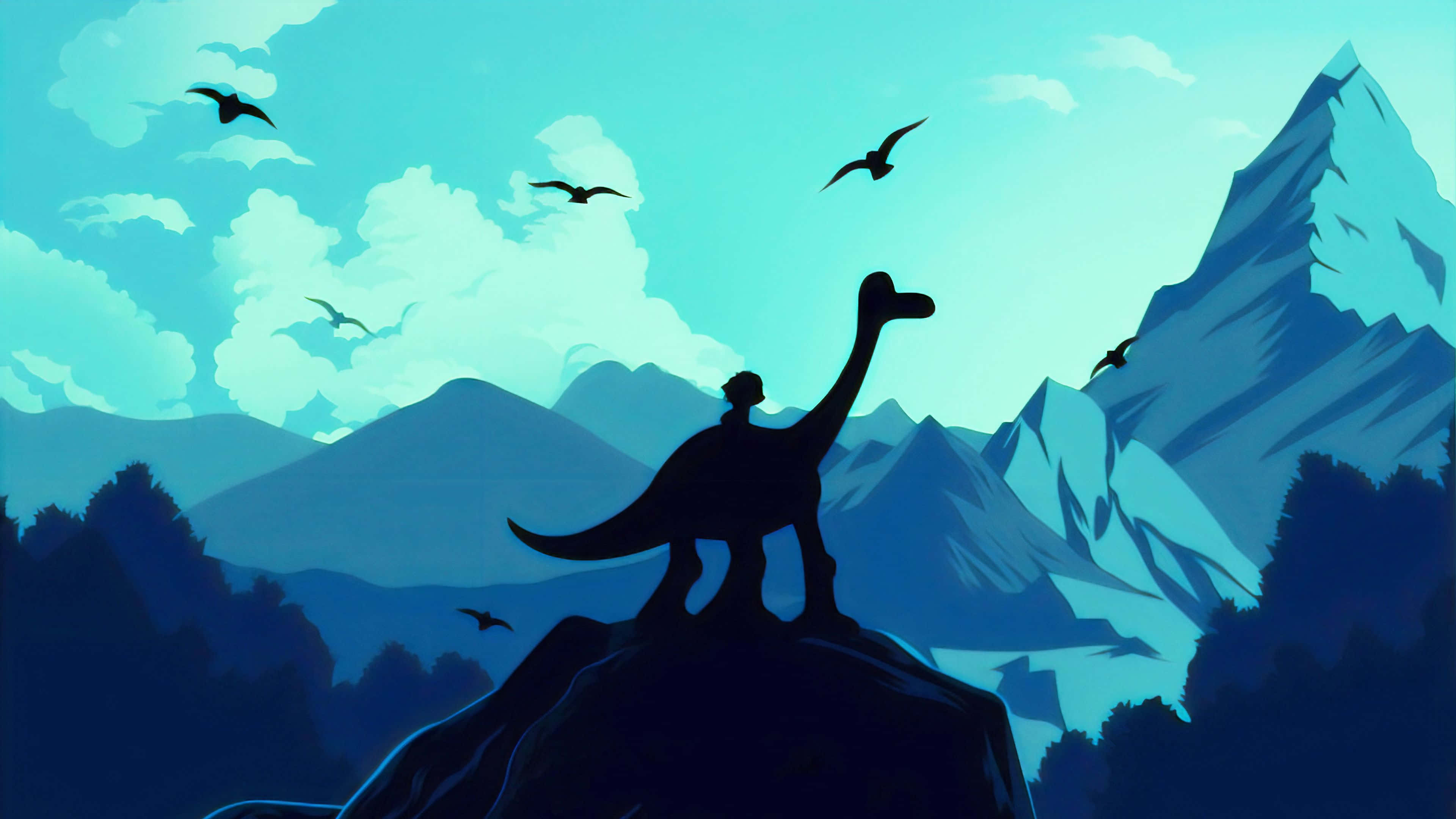 cute dinosaur desktop, pastel-colored dinosaur, pink and yellow mountain, 4K Desktop Wallpaper