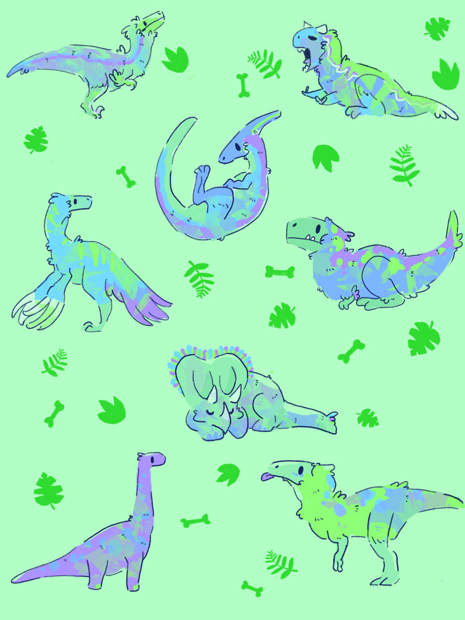 cute dinosaur iphone, mint green background, pastel-colored cartoon dinosaurs, HD Phone Wallpaper