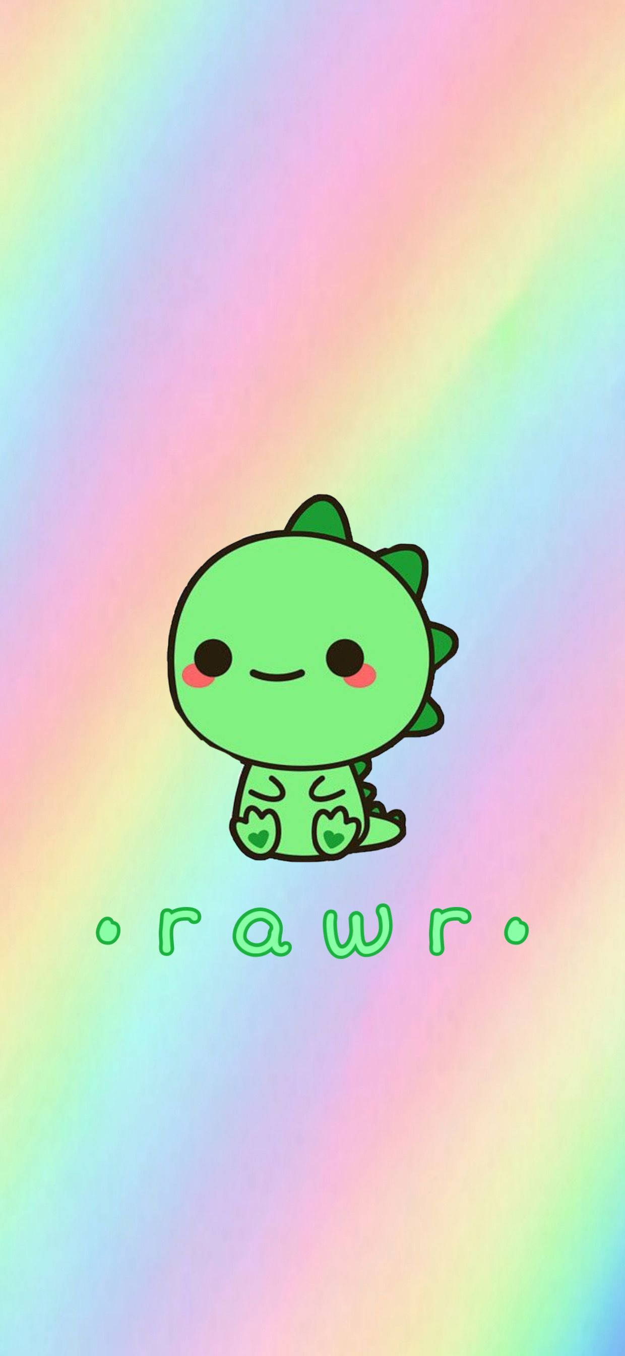 cute green cartoon dinosaur, rosy cheeks, soft rainbow gradient background, 2K Phone Wallpaper