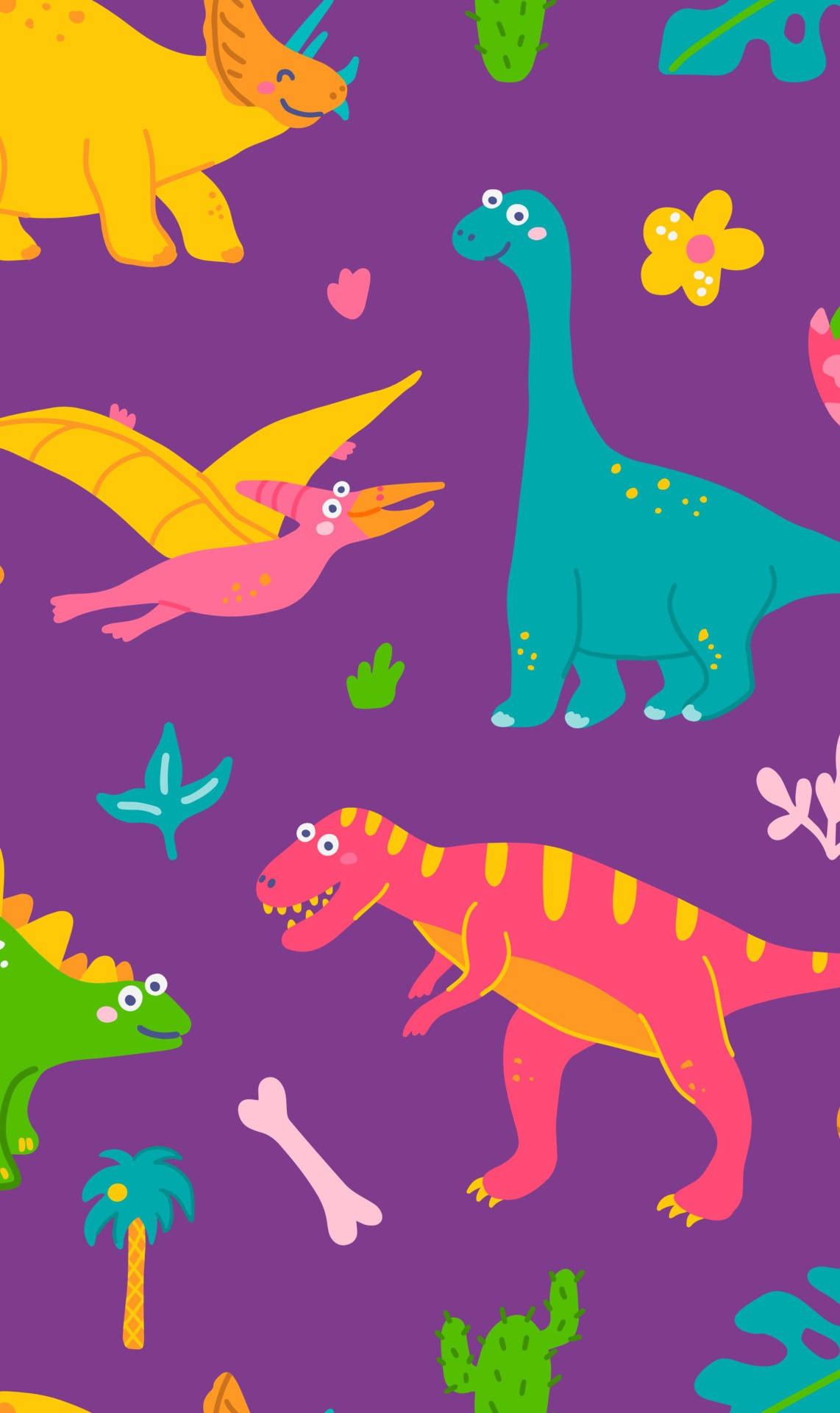 Cute Dinosaur iPhone, purple background, vibrant cartoon dinosaurs, Full HD Phone Wallpaper