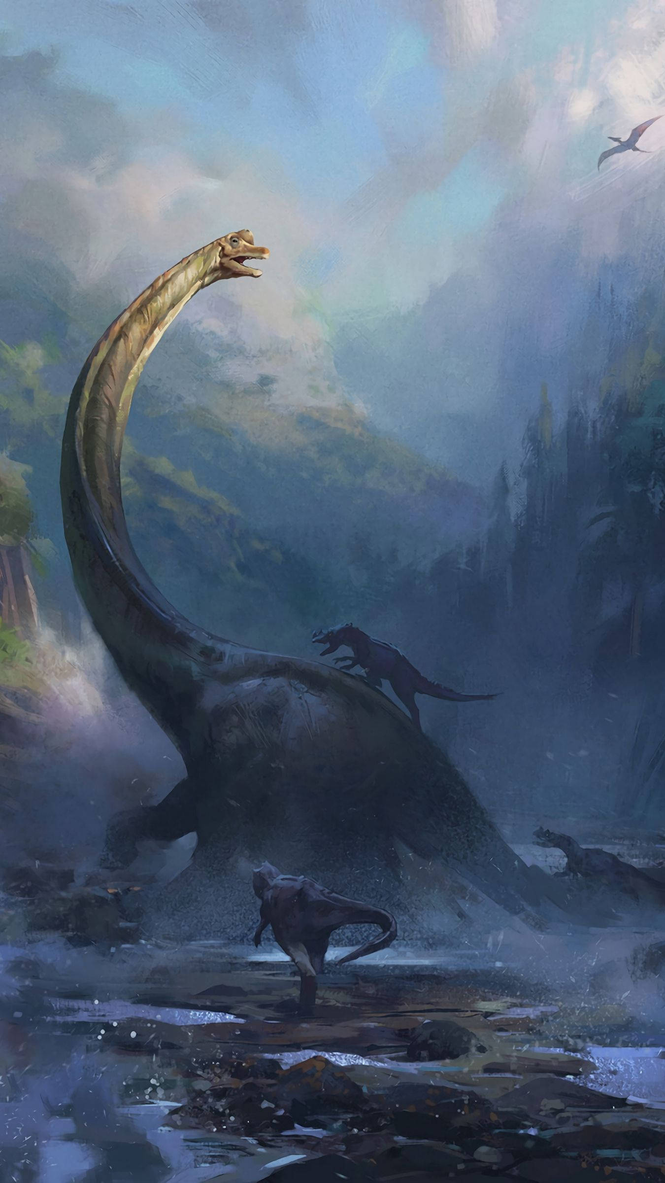 cute dinosaur iphone, dinosaur, misty prehistoric waters, Full HD Phone Wallpaper