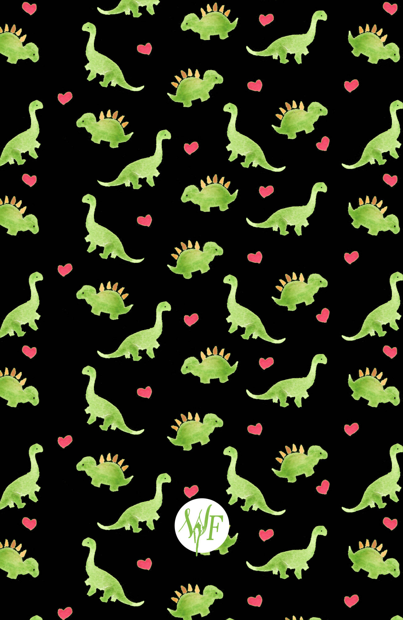 cute dinosaur pattern, green watercolor dinosaurs, pink hearts, Full HD Phone Wallpaper