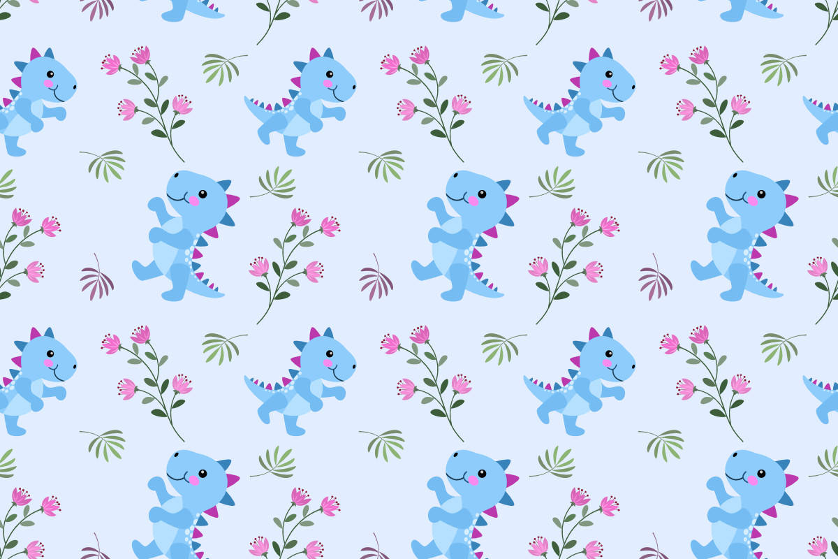 cute dinosaur pattern, blue cartoon dinosaurs, pink flowers, SD Desktop Wallpaper