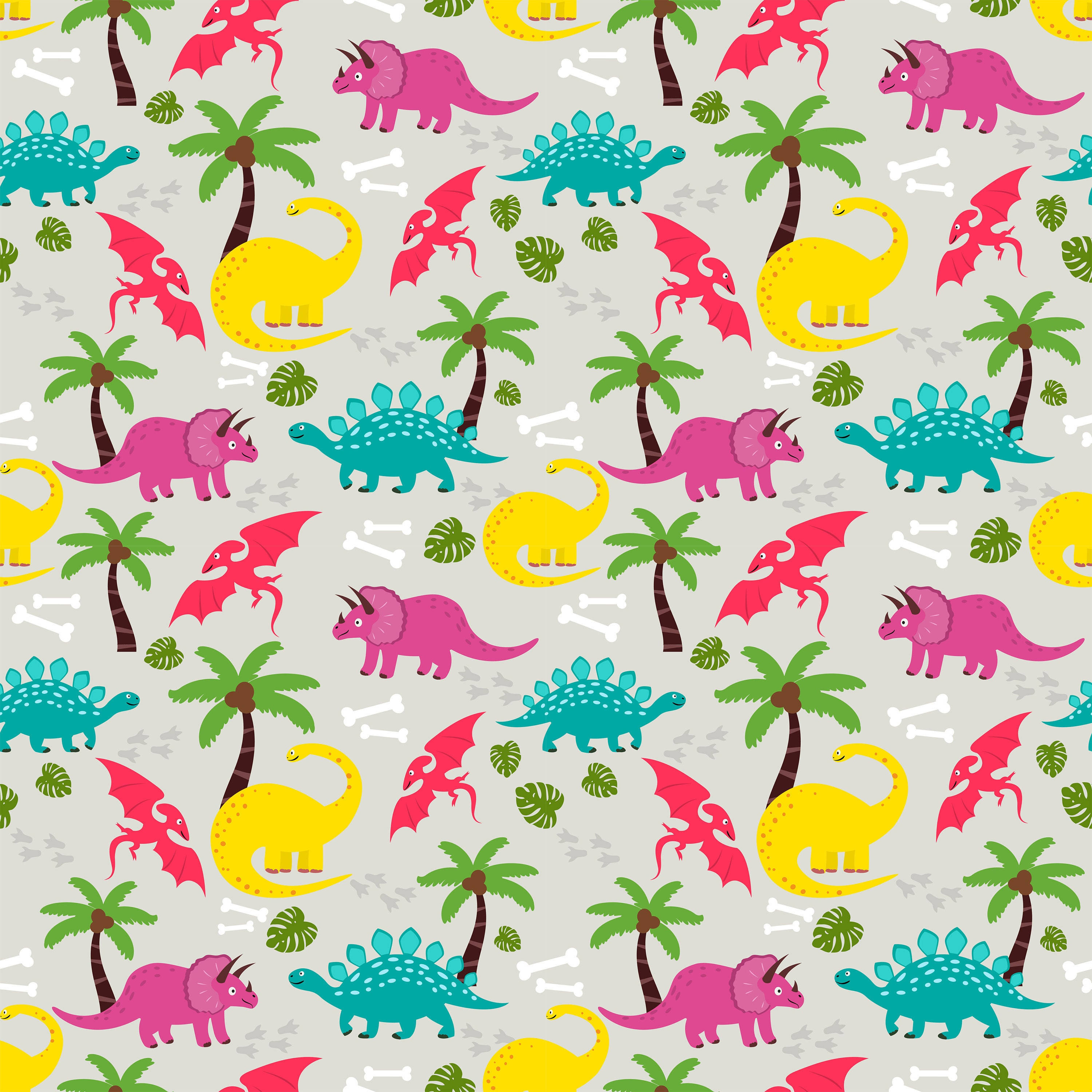 cute dinosaur pattern, colorful dinosaur pattern, palm trees, 2K Desktop Wallpaper