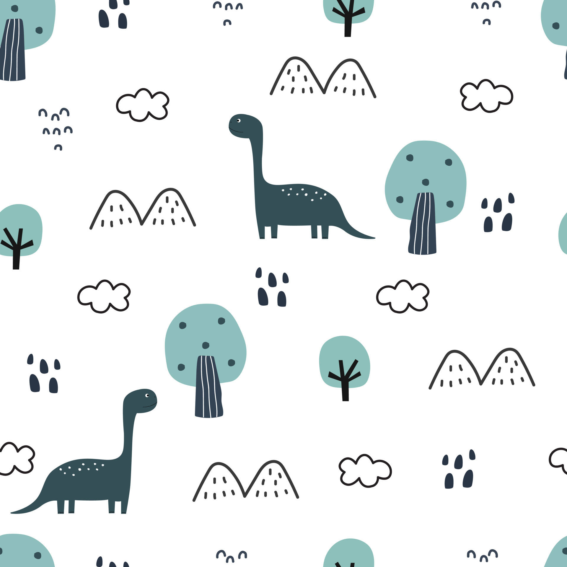 cute dinosaur pattern, teal dinosaurs, trees, Full HD Desktop Wallpaper