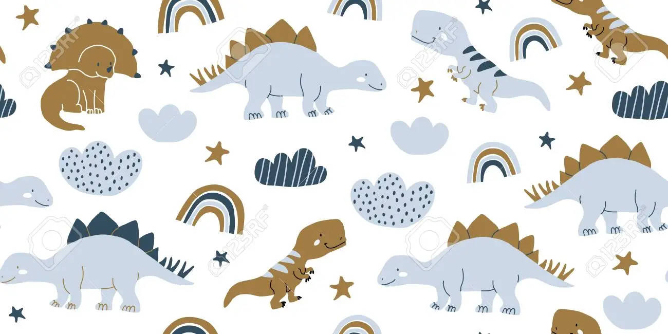 cute dinosaur pattern, cartoon dinosaurs, rainbows, HD Desktop Wallpaper