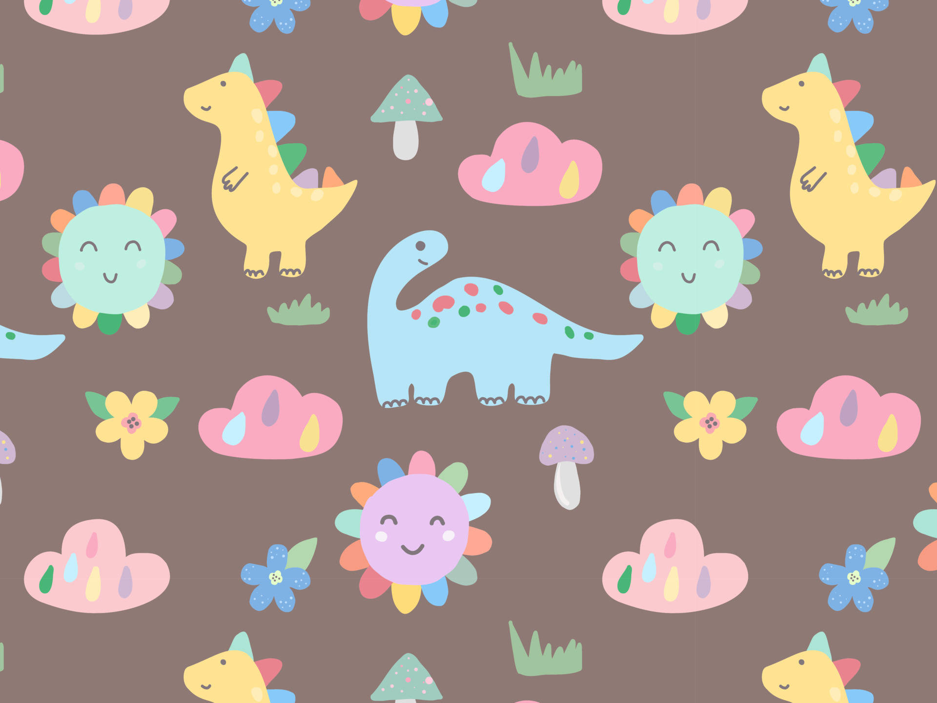 Cute Dinosaur Pattern, cartoon dinosaurs, flowers, Full HD Desktop Wallpaper