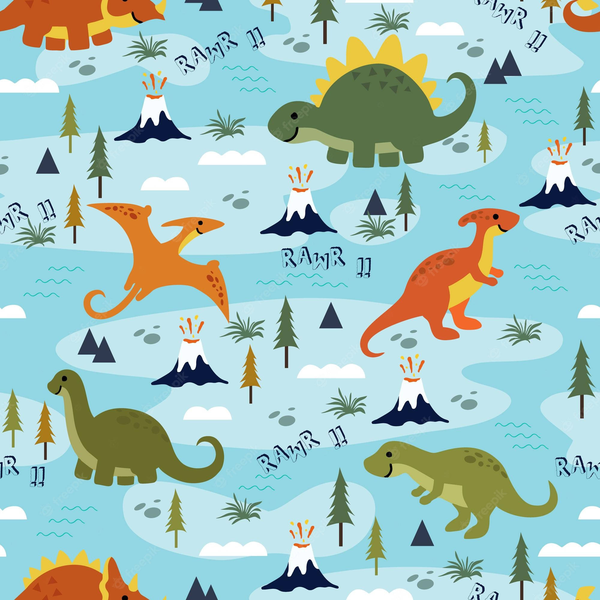 Cute Dinosaur Pattern, cartoon dinosaurs, volcanoes, Full HD Desktop Wallpaper