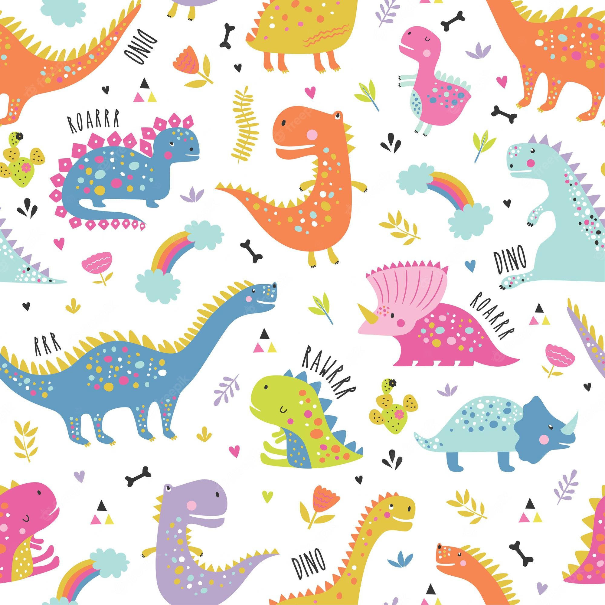 cute dinosaur pattern, colorful cartoon dinosaurs, polka dots, Full HD Desktop Wallpaper