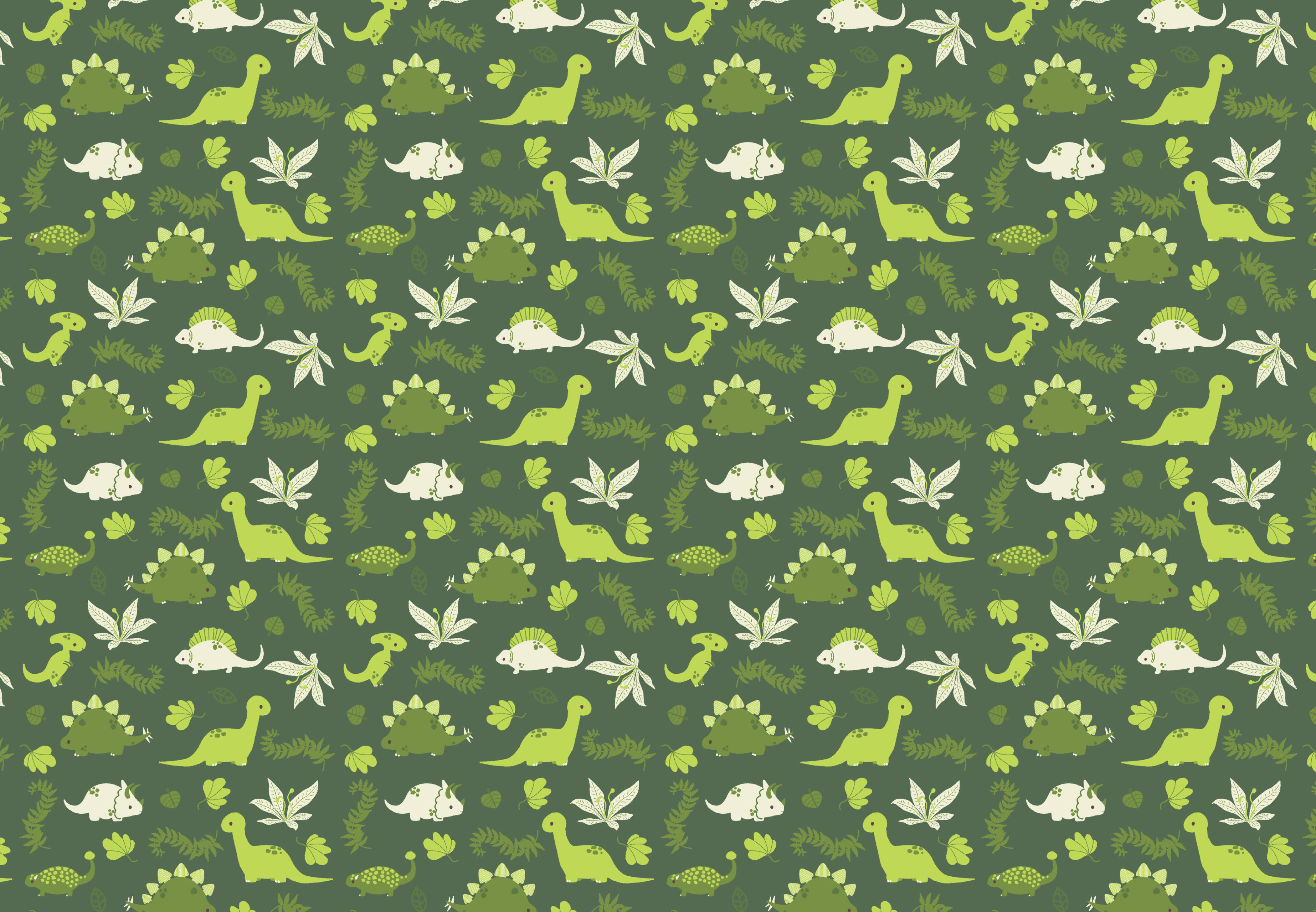 cute dinosaurs, green and white cartoon dinosaurs, leaves, 2K Desktop Wallpaper