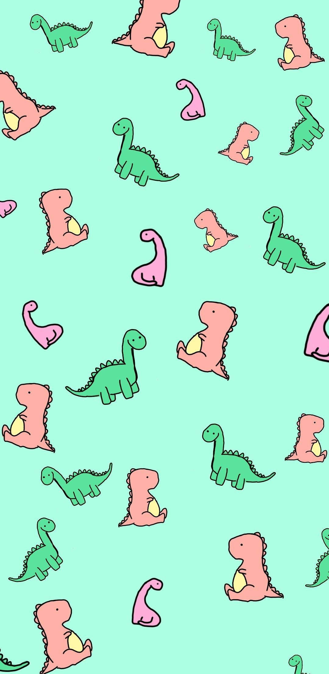cute dinosaur pattern, pink and green dinosaurs, mint green background, Full HD Phone Wallpaper