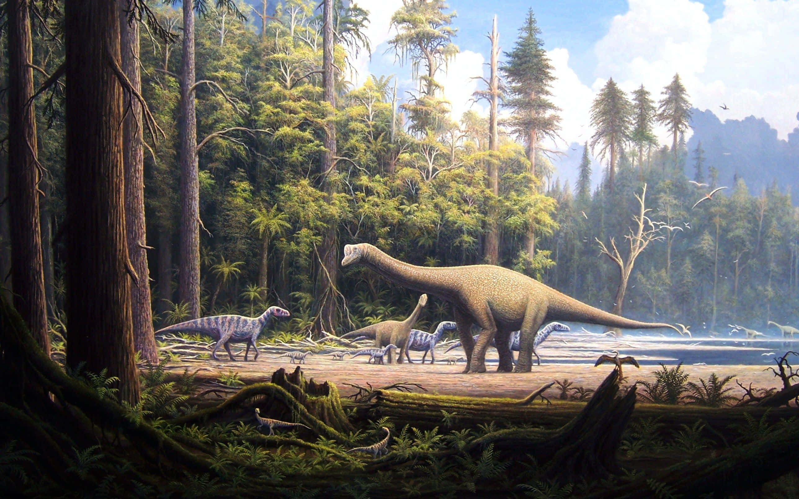 Cool Dinosaur, family of dinosaurs, lush prehistoric forest, 2K Desktop Wallpaper