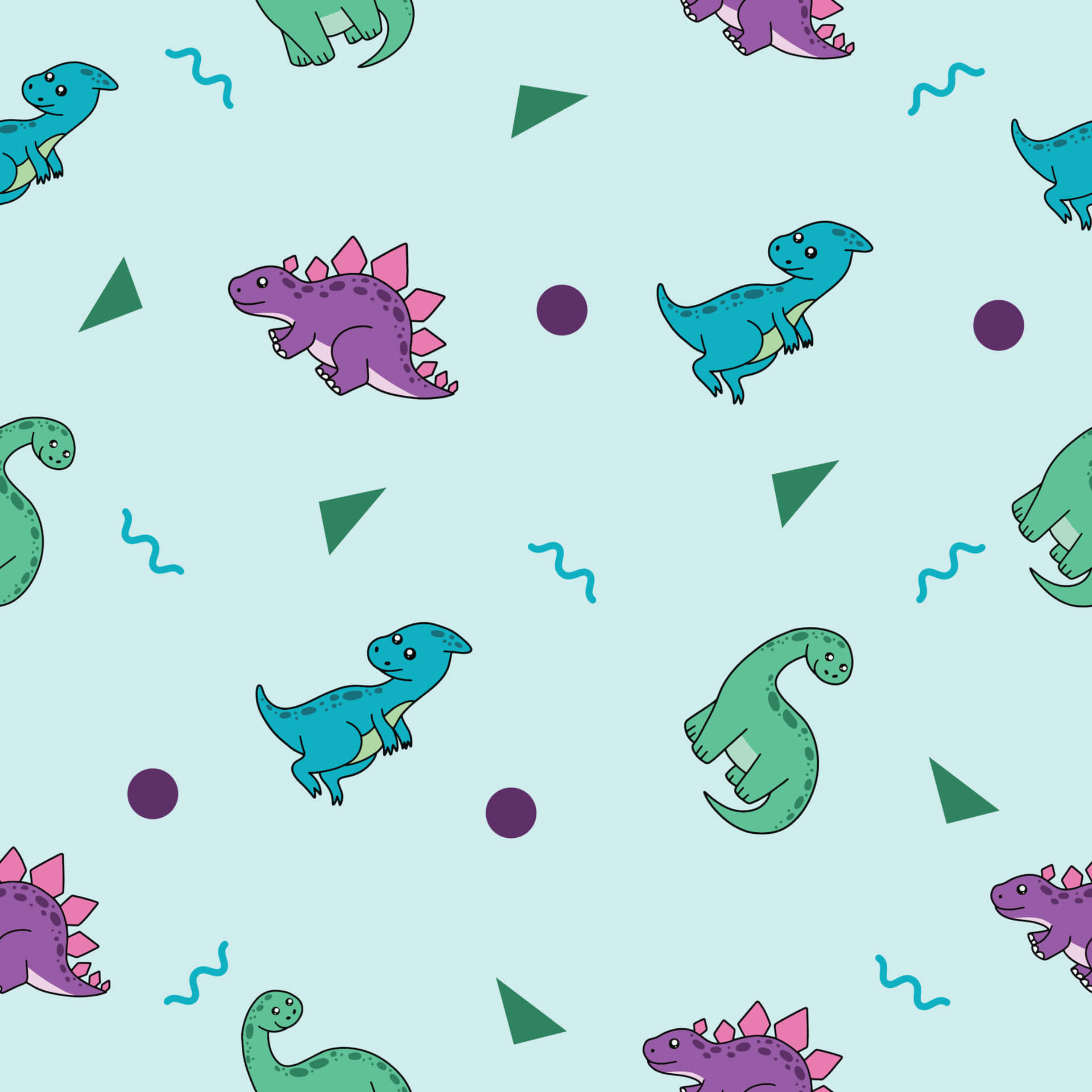 colorful dinosaur pattern, cute cartoon dinosaurs, teal purple and green, Full HD Desktop Wallpaper