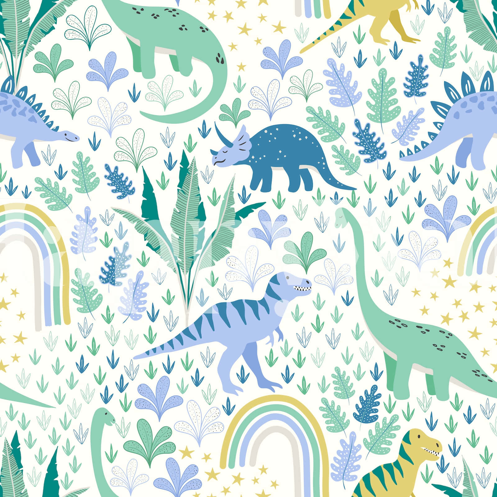colorful dinosaur pattern illustration, cartoon dinosaurs, tropical leaves, HD Desktop Wallpaper