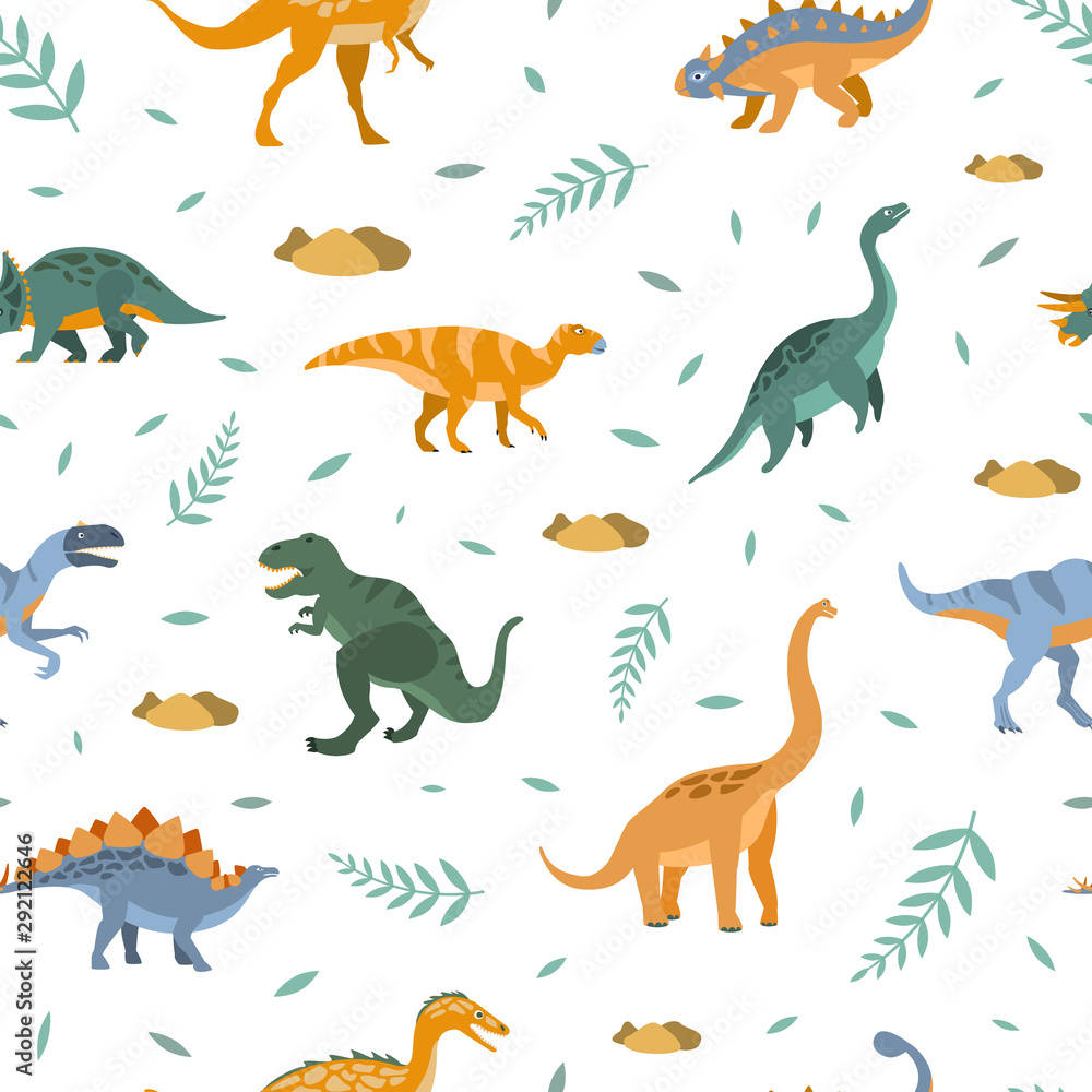 cute dinosaur pattern, colorful cartoon dinosaurs, ferns, SD Desktop Wallpaper