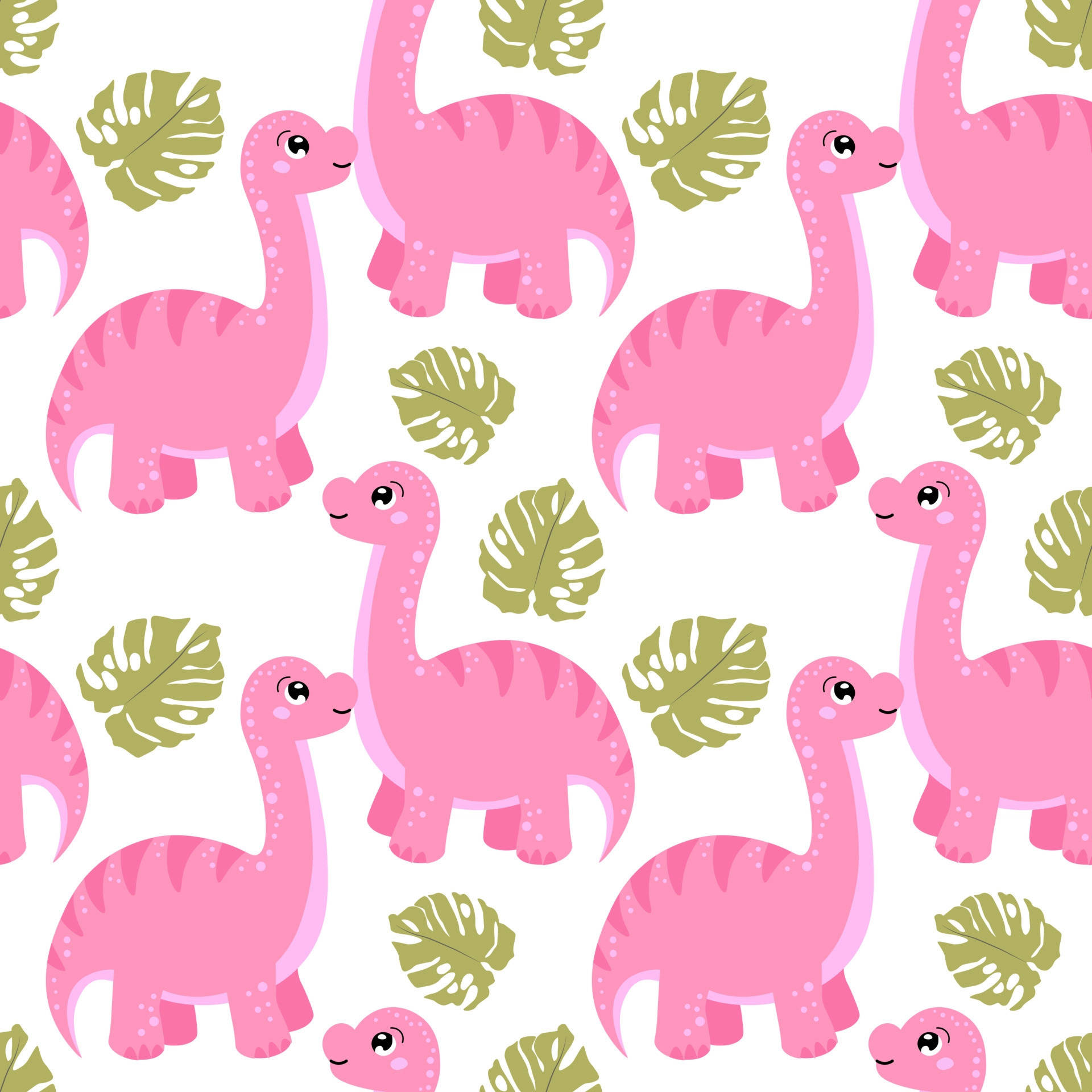Cute Pink Dinosaur, sparkling eyes, green monstera leaves, Full HD Desktop Wallpaper