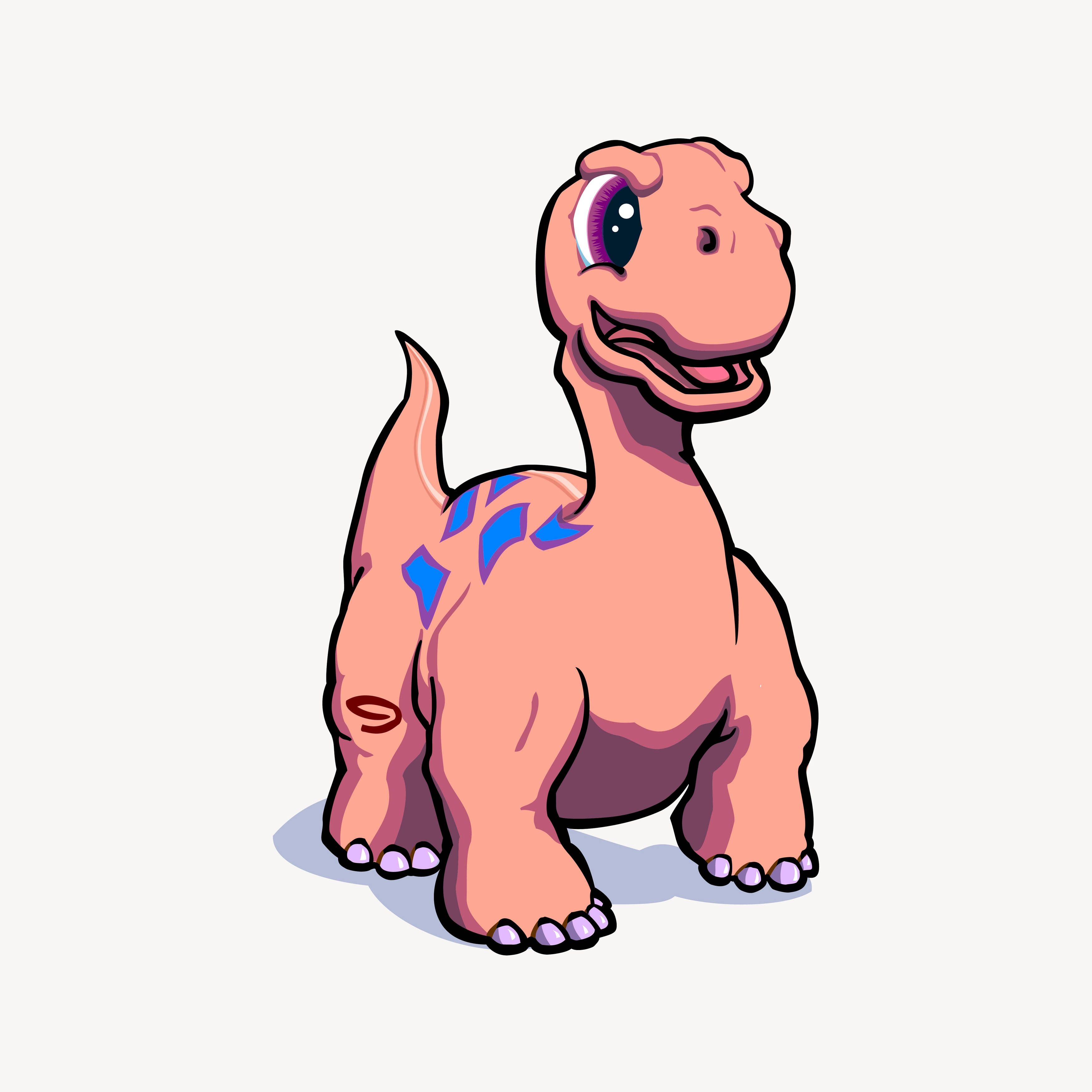cute pink dinosaur, blue spots, big purple eyes, 2K Desktop Wallpaper