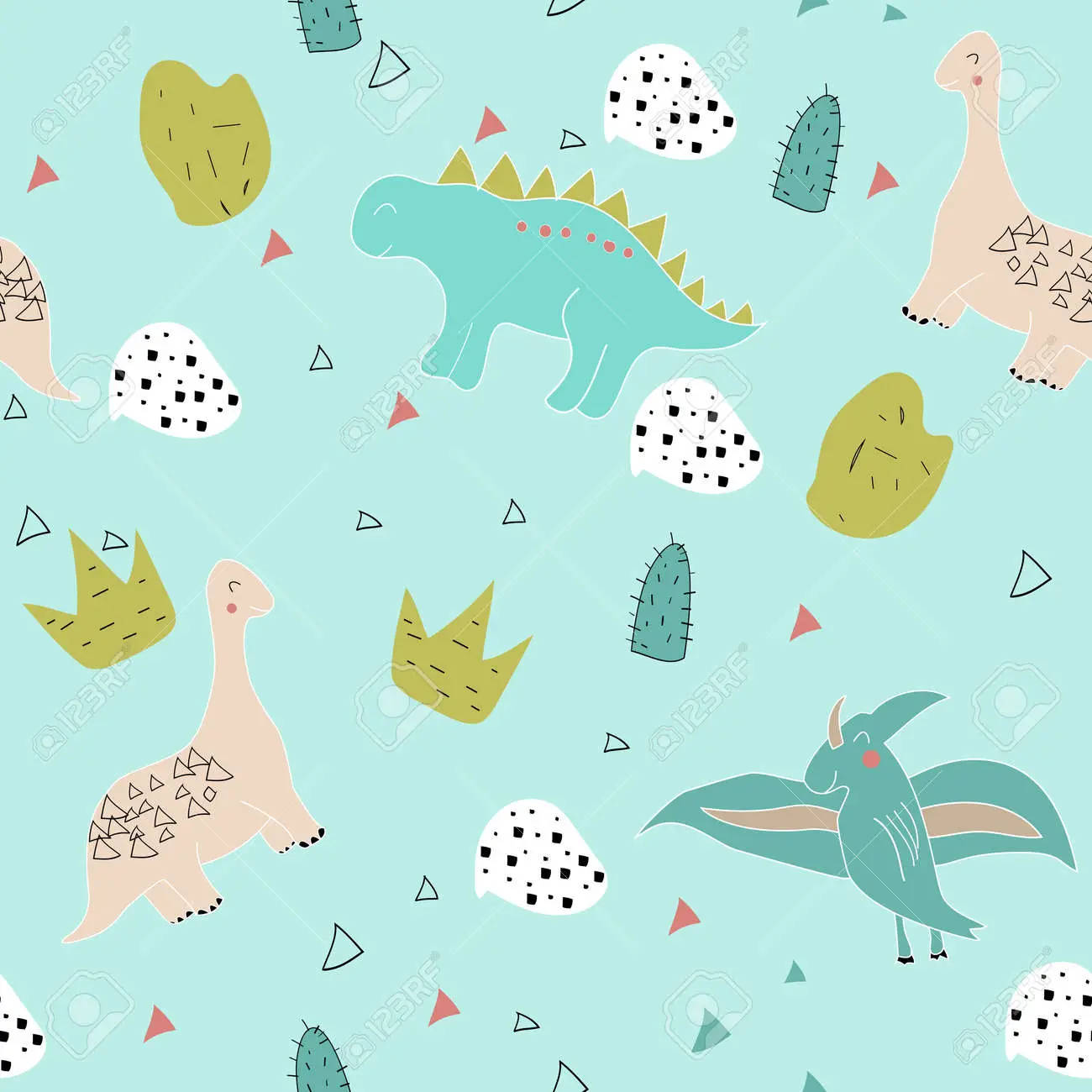 cute dinosaur pattern, cartoon dinosaurs, cacti, HD Desktop Wallpaper