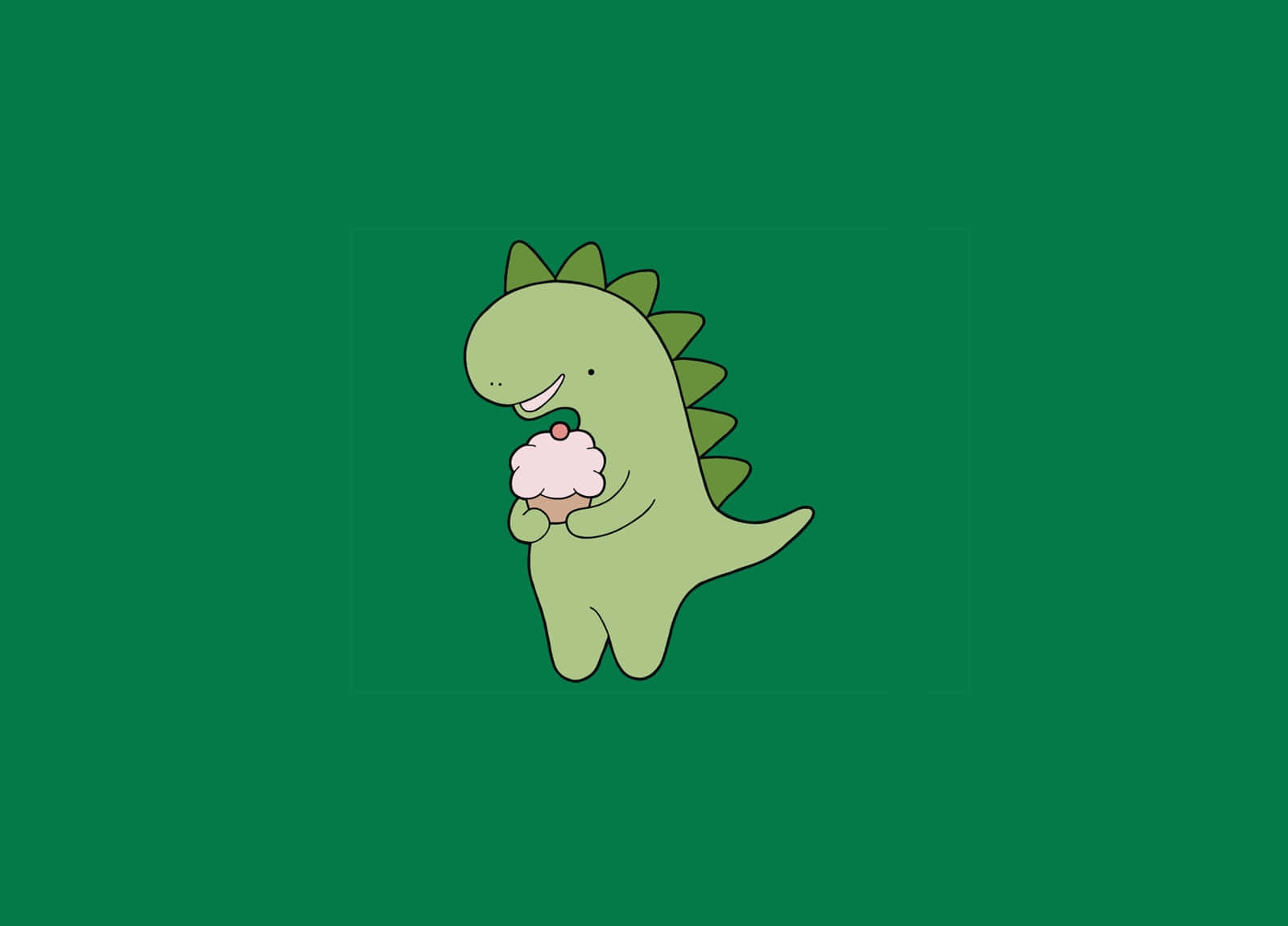cute green dinosaur, pink frosted cupcake, solid green background, HD Desktop Wallpaper