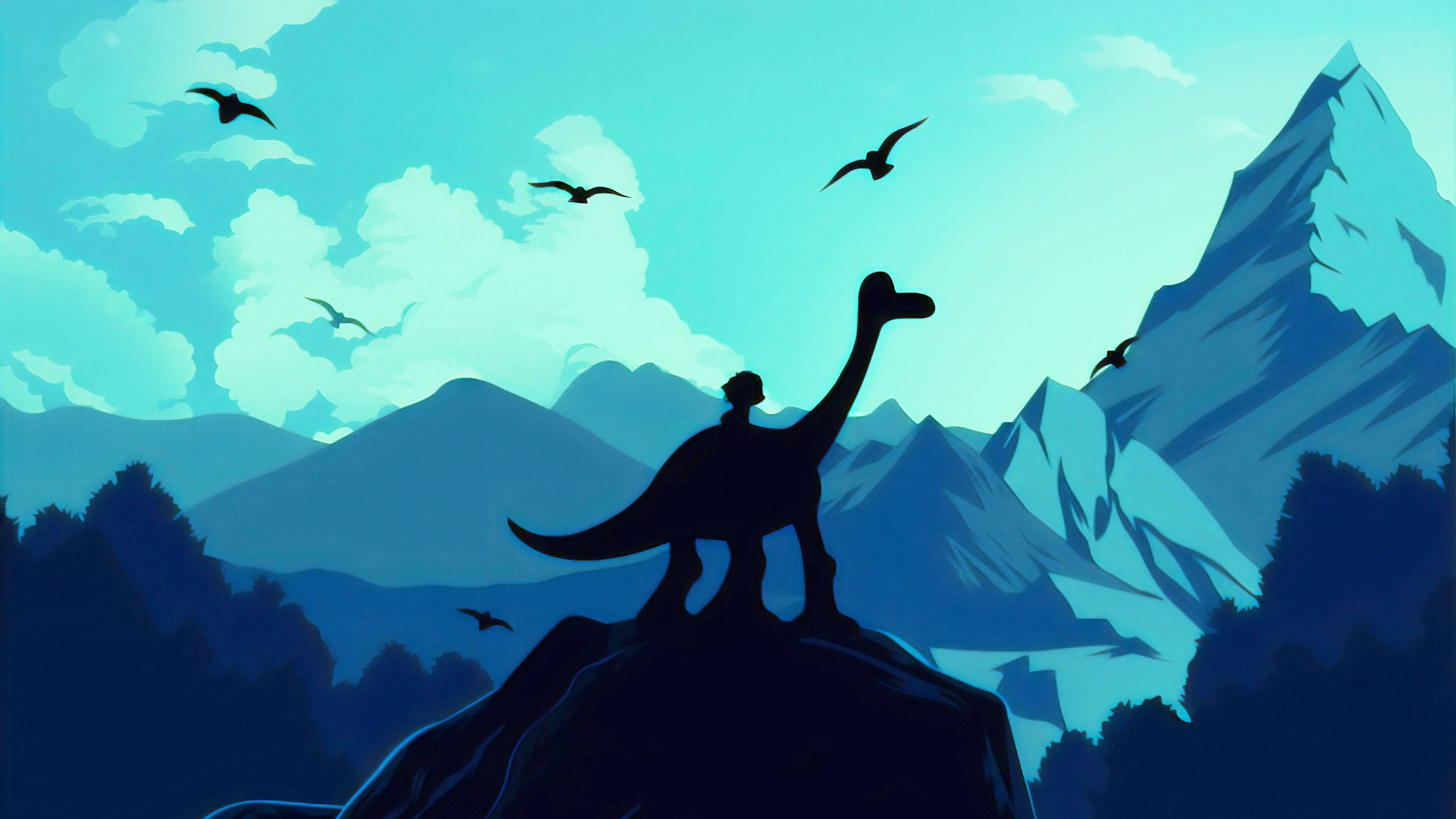 Cute Dinosaur Phone, dino silhouette, teal sky, 4K Desktop Wallpaper