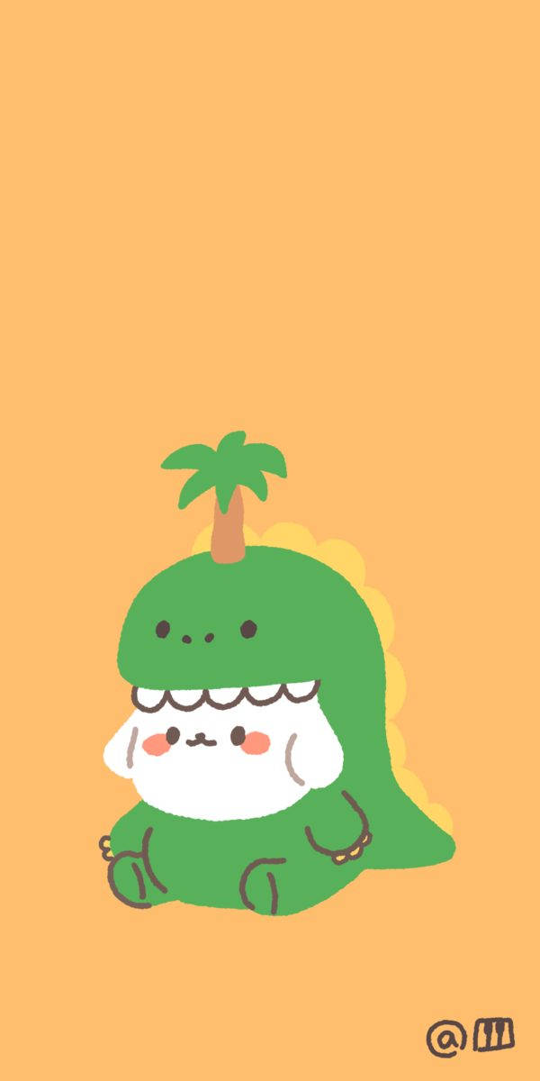 Dog In Mascot Dino Kawaii iPhone, green cartoon dinosaur, palm tree on its head, SD Phone Wallpaper