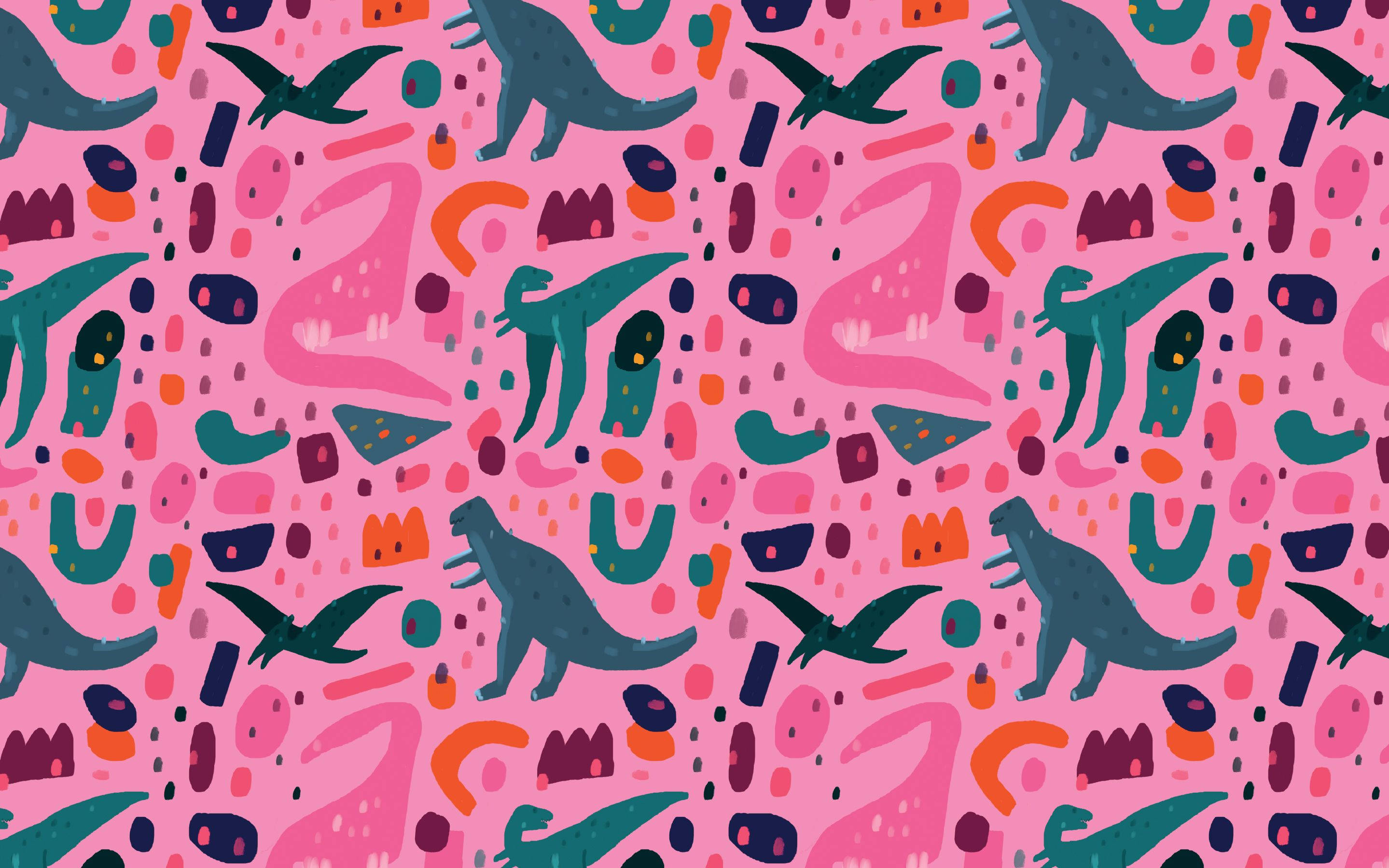 pink dinosaur, teal dinosaur silhouettes, repeating pattern, 2K Desktop Wallpaper