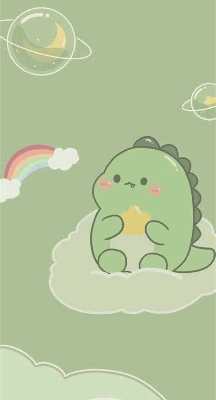 Sitting On A Cloud Dino Kawaii iPhone, green cartoon dinosaur, cloud, HD Phone Wallpaper