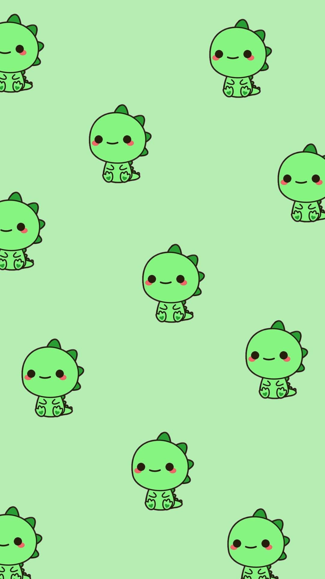 All Green Dino Kawaii iPhone, green kawaii dinosaurs, rosy cheeks, Full HD Phone Wallpaper