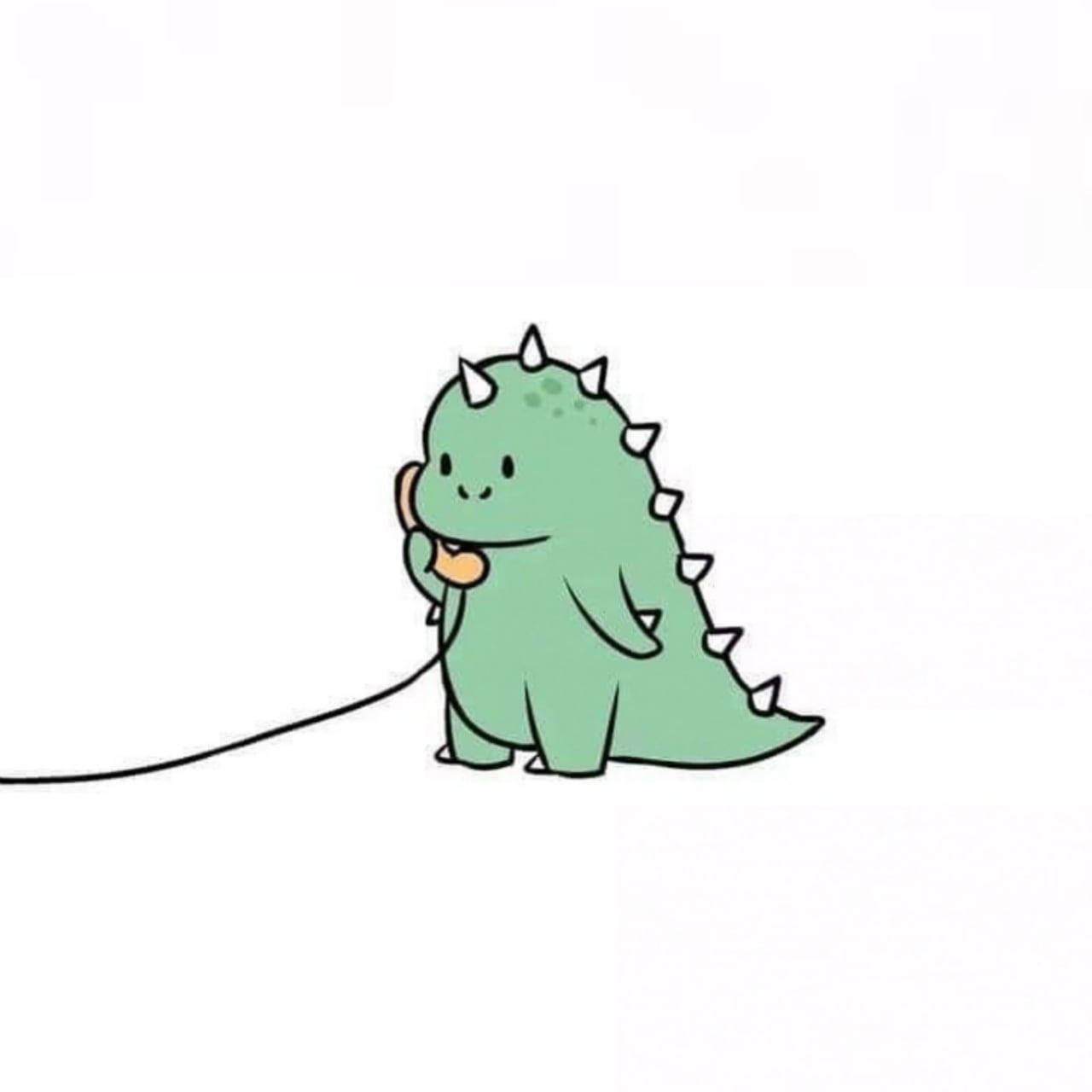 cute green cartoon dinosaur, spikes, phone on a black cord, HD Desktop Wallpaper