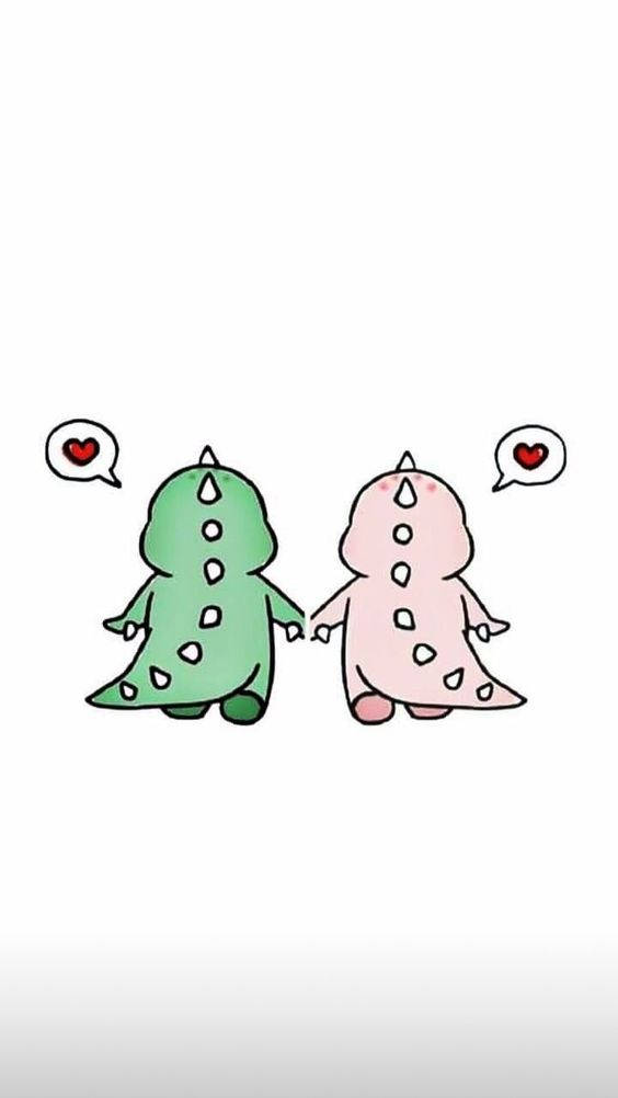 cartoon dinosaur, two cute cartoon dinosaurs, holding hands, SD Phone Wallpaper