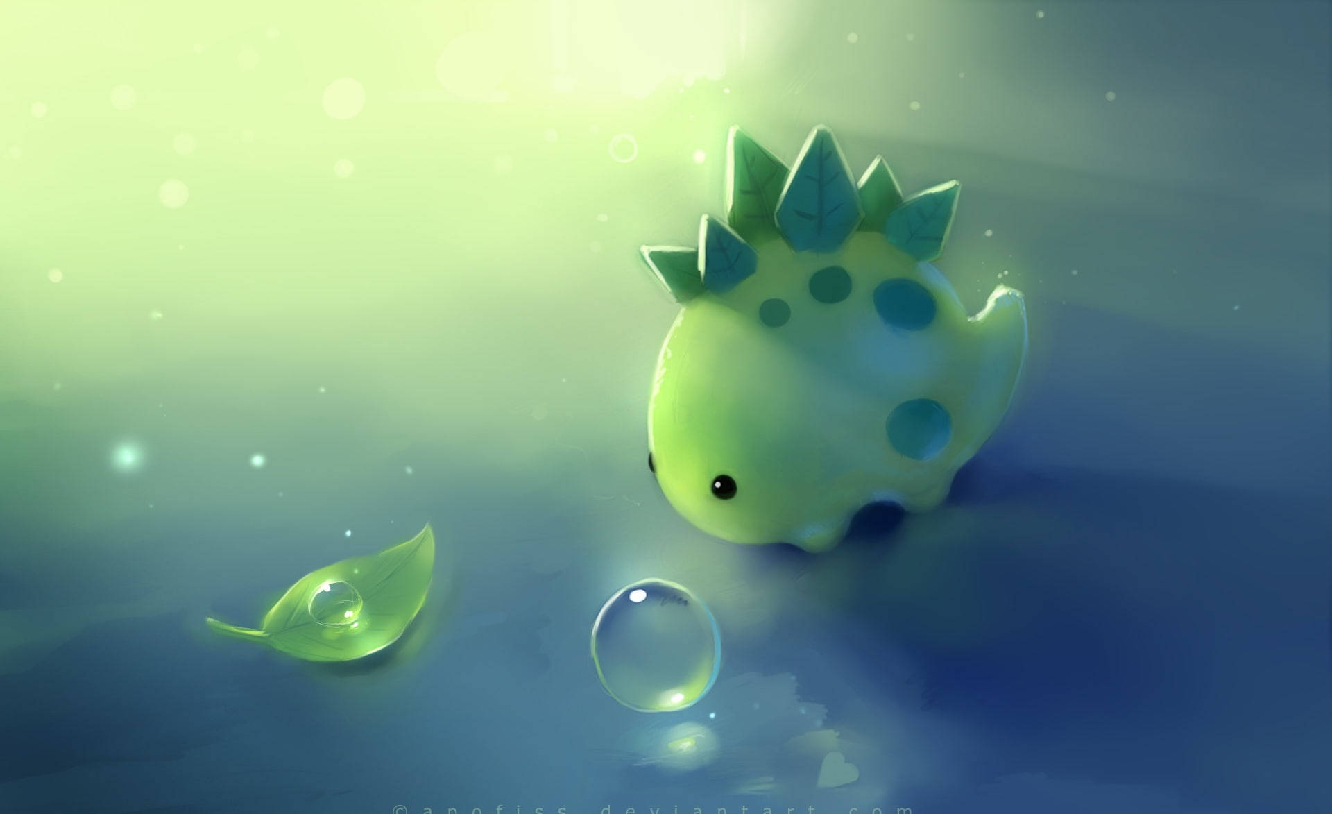 cute dinosaur, leaf spikes, dreamy gradient of green and blue, Full HD Desktop Wallpaper