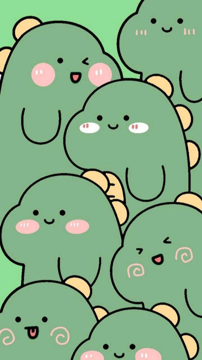 Cute Green Cartoon Dinosaur, pink cheeks, yellow spikes, SD Phone Wallpaper