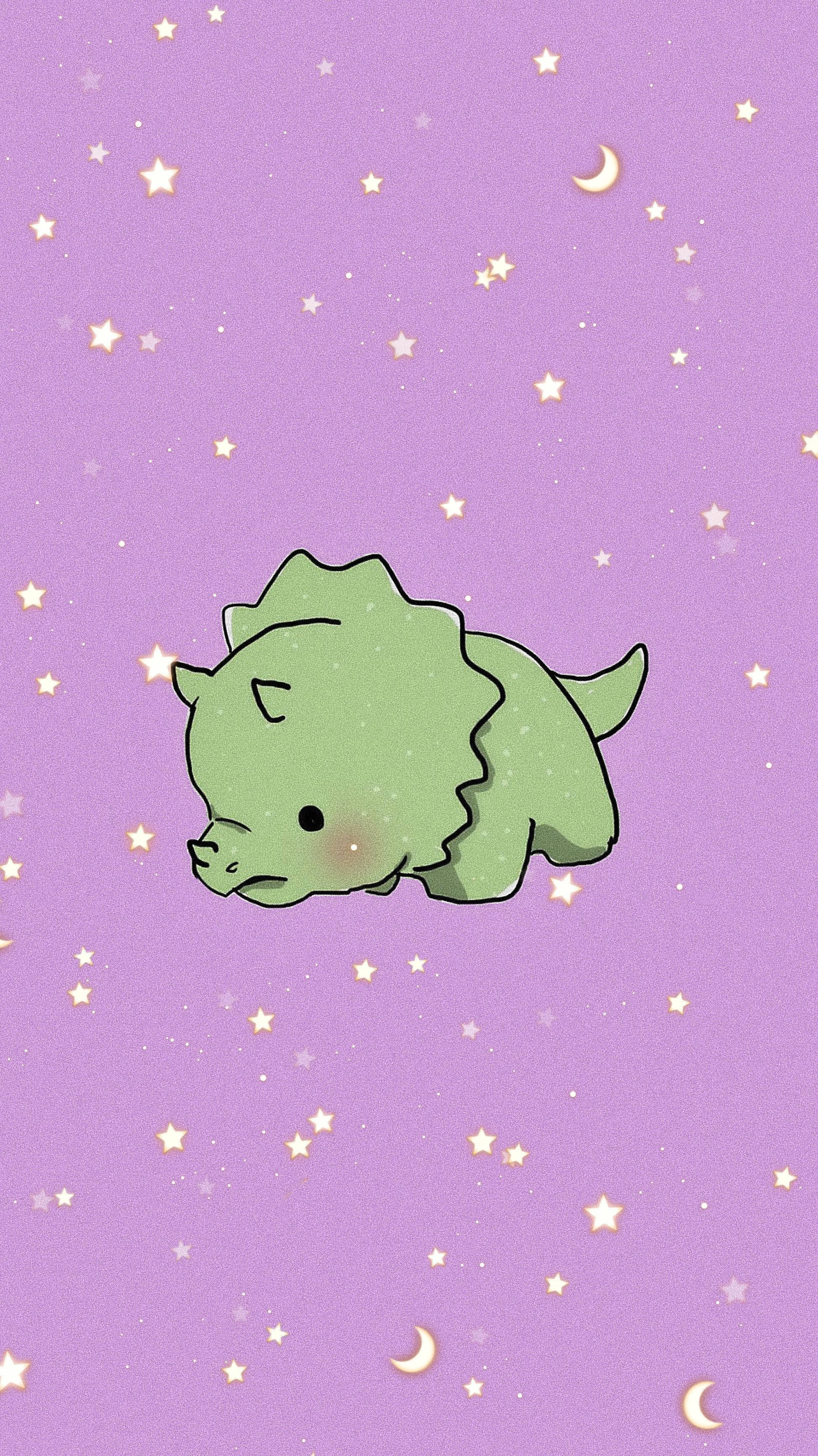 green cartoon triceratops, starry purple sky, crescent moons, 2K Phone Wallpaper