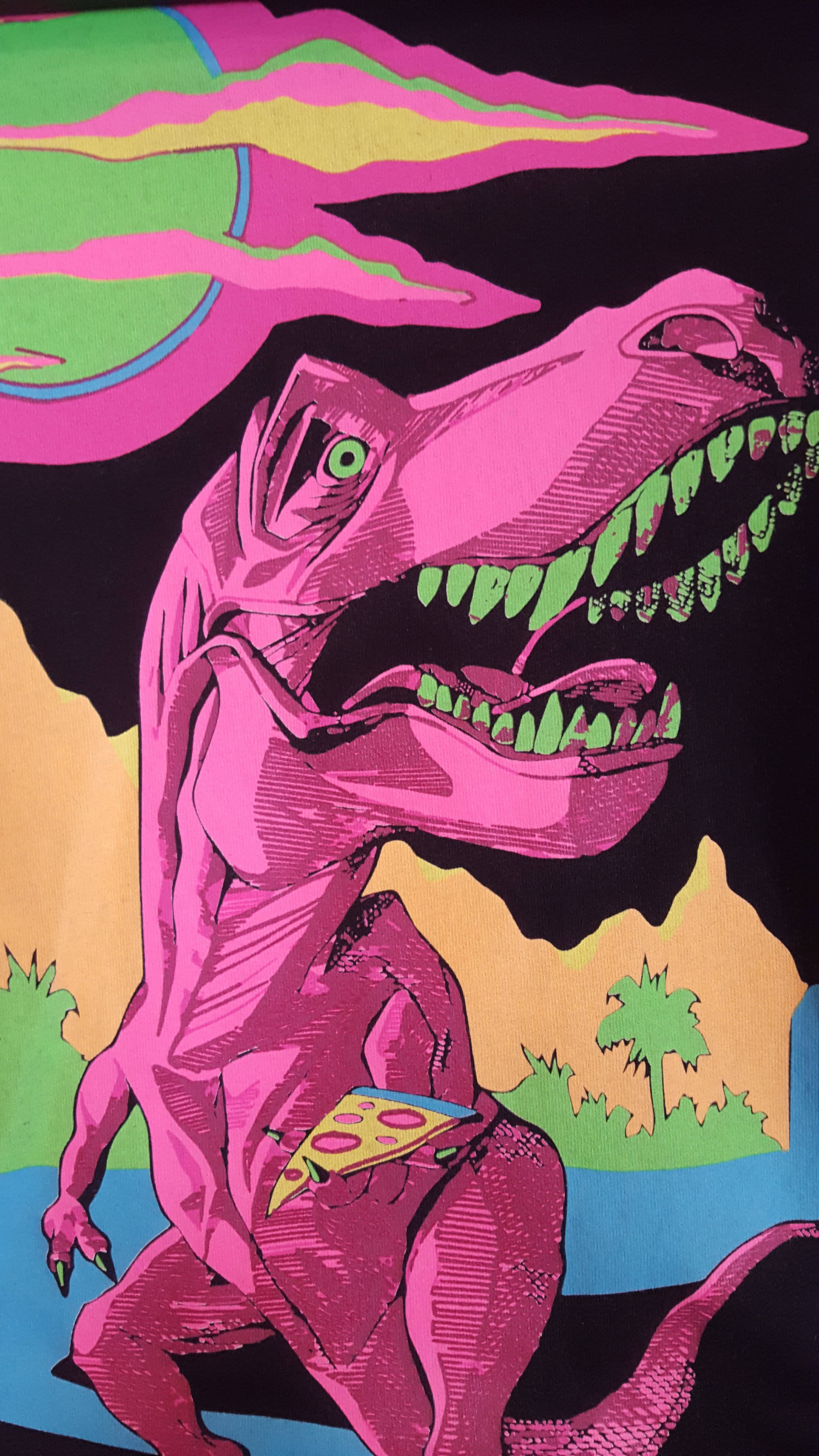 cute pink dinosaur, pizza slice, green eyes, 5K Phone Wallpaper