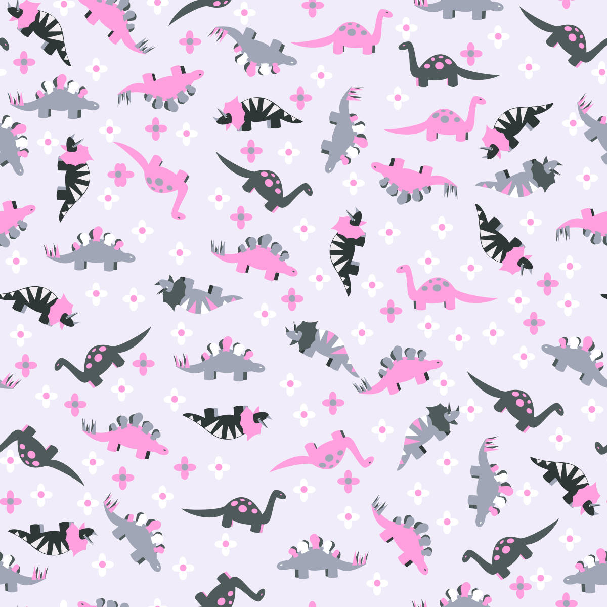 cute pink dinosaur, black pattern, pastel flowers, SD Desktop Wallpaper