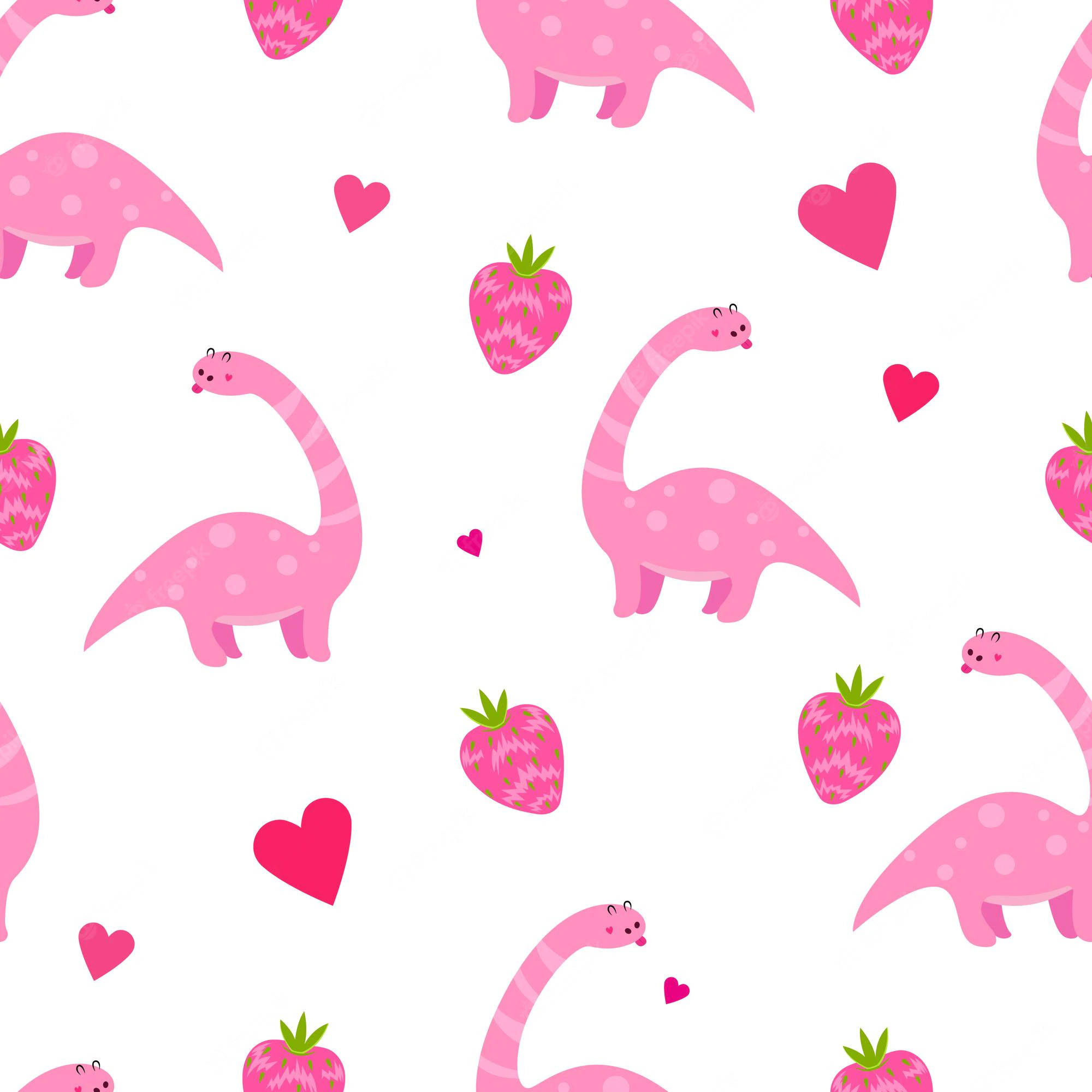 cute pink dinosaur, strawberries, hearts, Full HD Desktop Wallpaper
