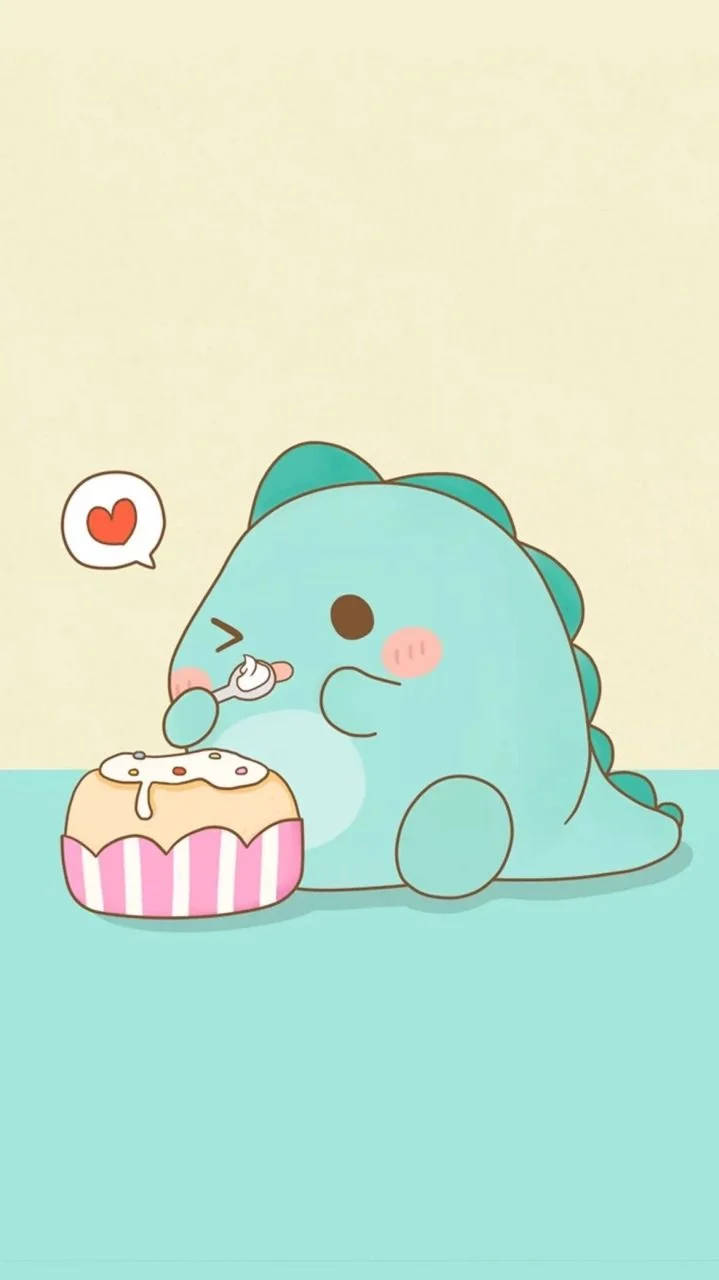 light blue cartoon dinosaur, pink striped cupcake, heart speech bubble, HD Phone Wallpaper