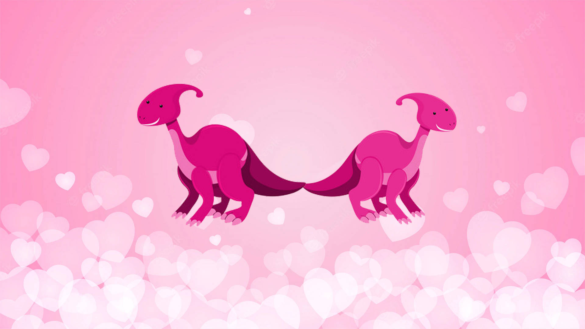 cute pink dinosaur, back to back hearts, floating hearts, Full HD Desktop Wallpaper
