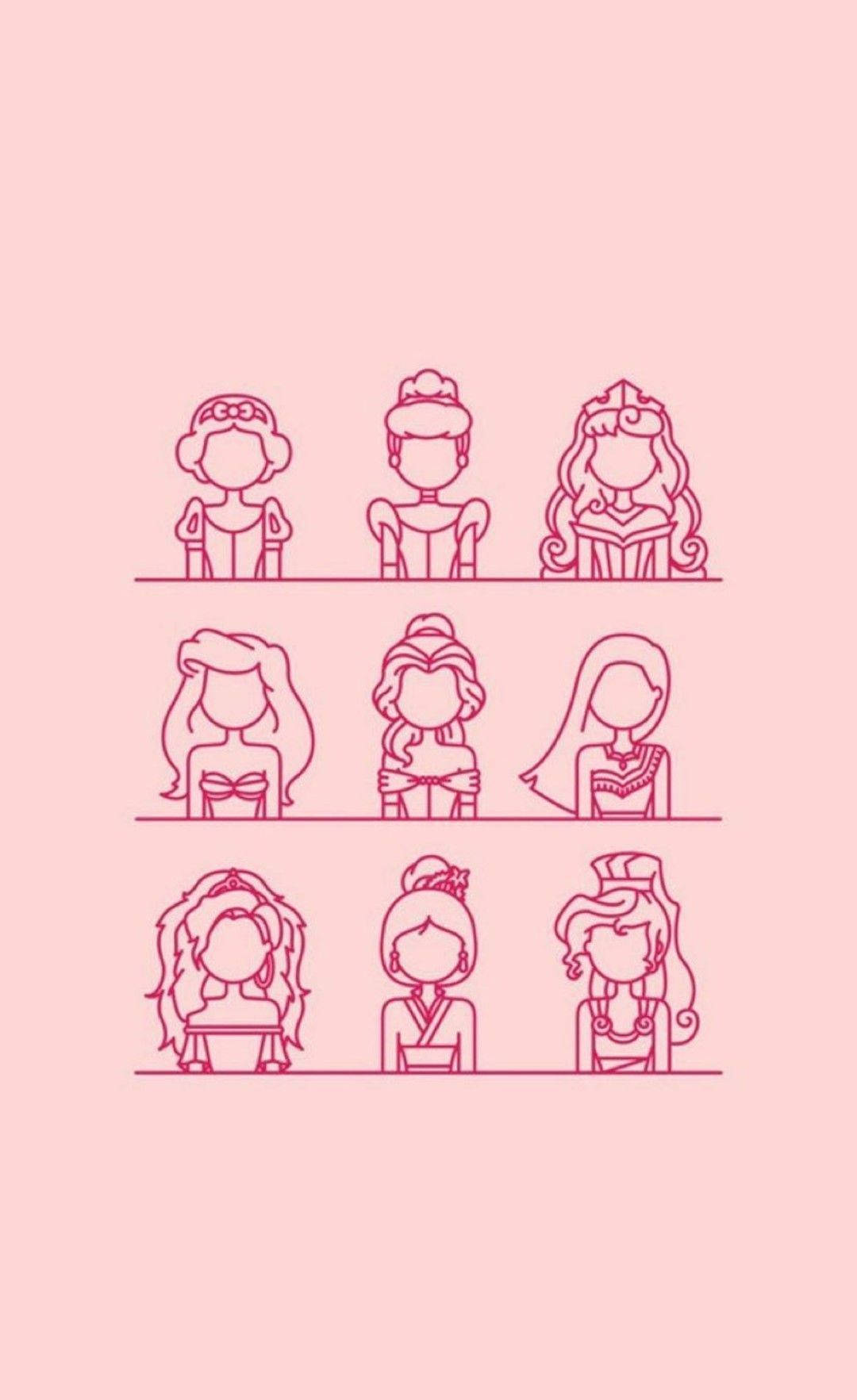 cute Disney aesthetic, pink line-art princess figures, soft pink background, HD Phone Wallpaper