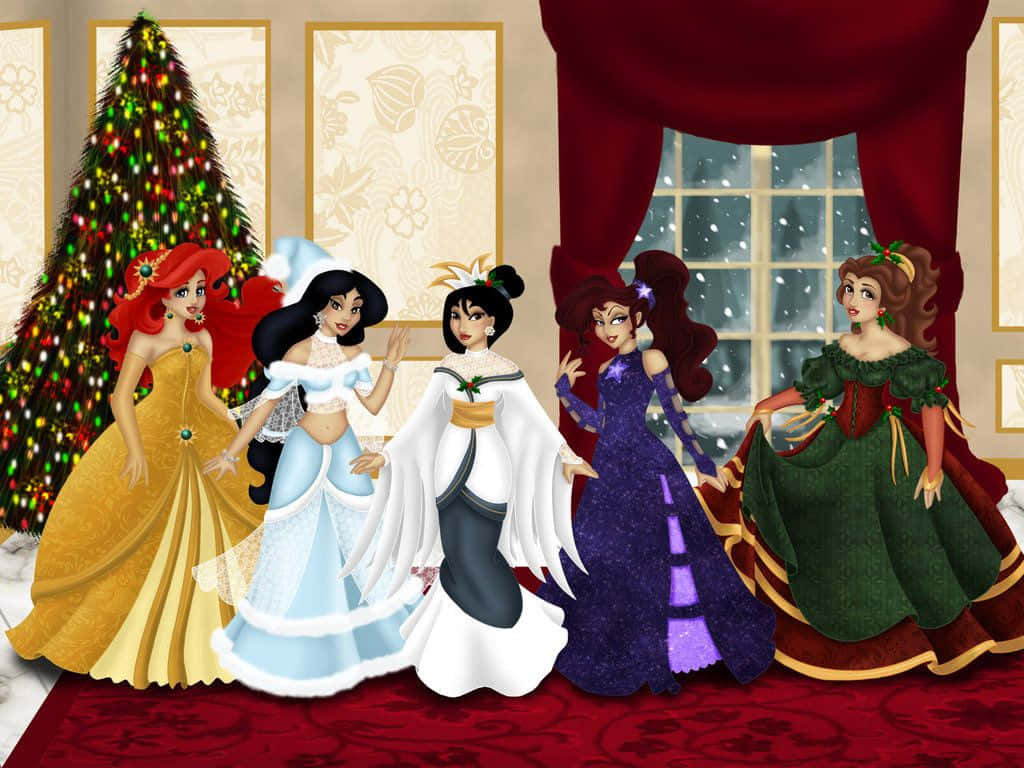 Cute Disney Christmas, five princesses, animated princesses, SD Desktop Wallpaper