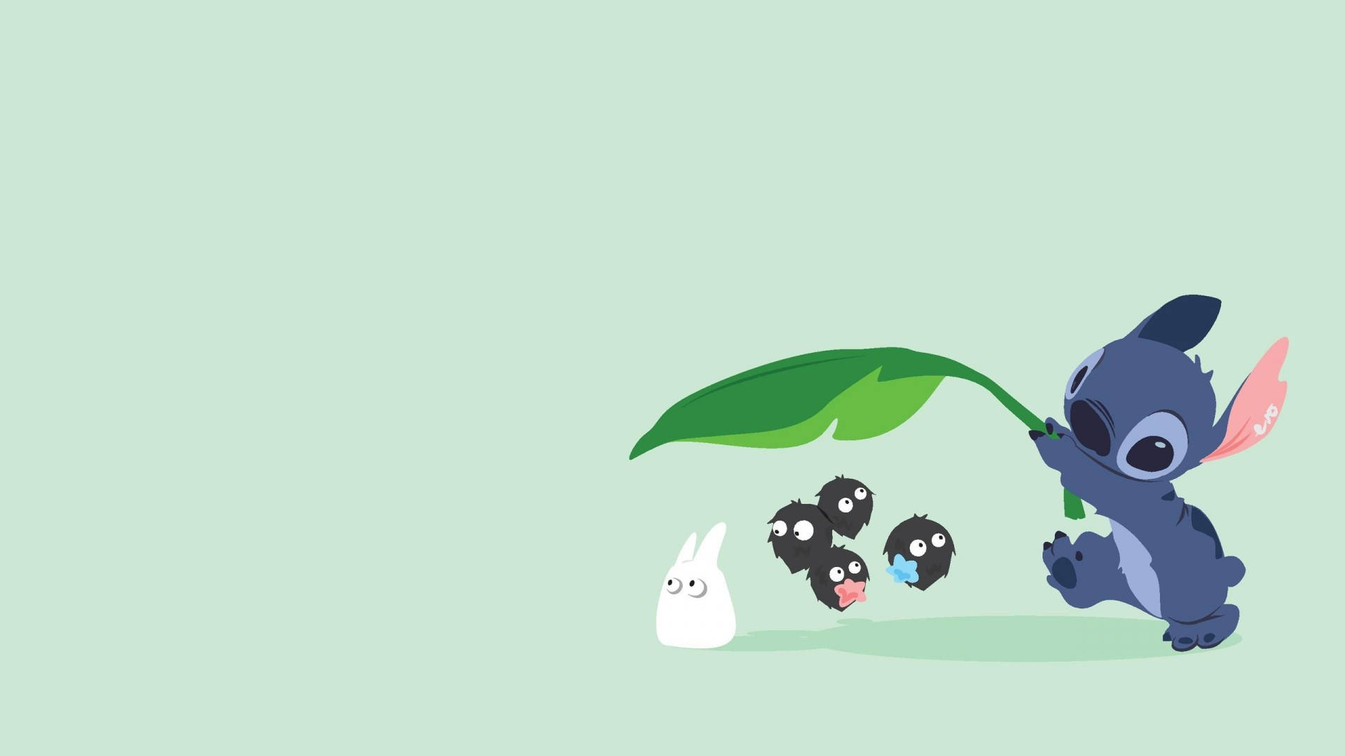Stitch, leaf umbrella, white rabbit, Full HD Desktop Wallpaper