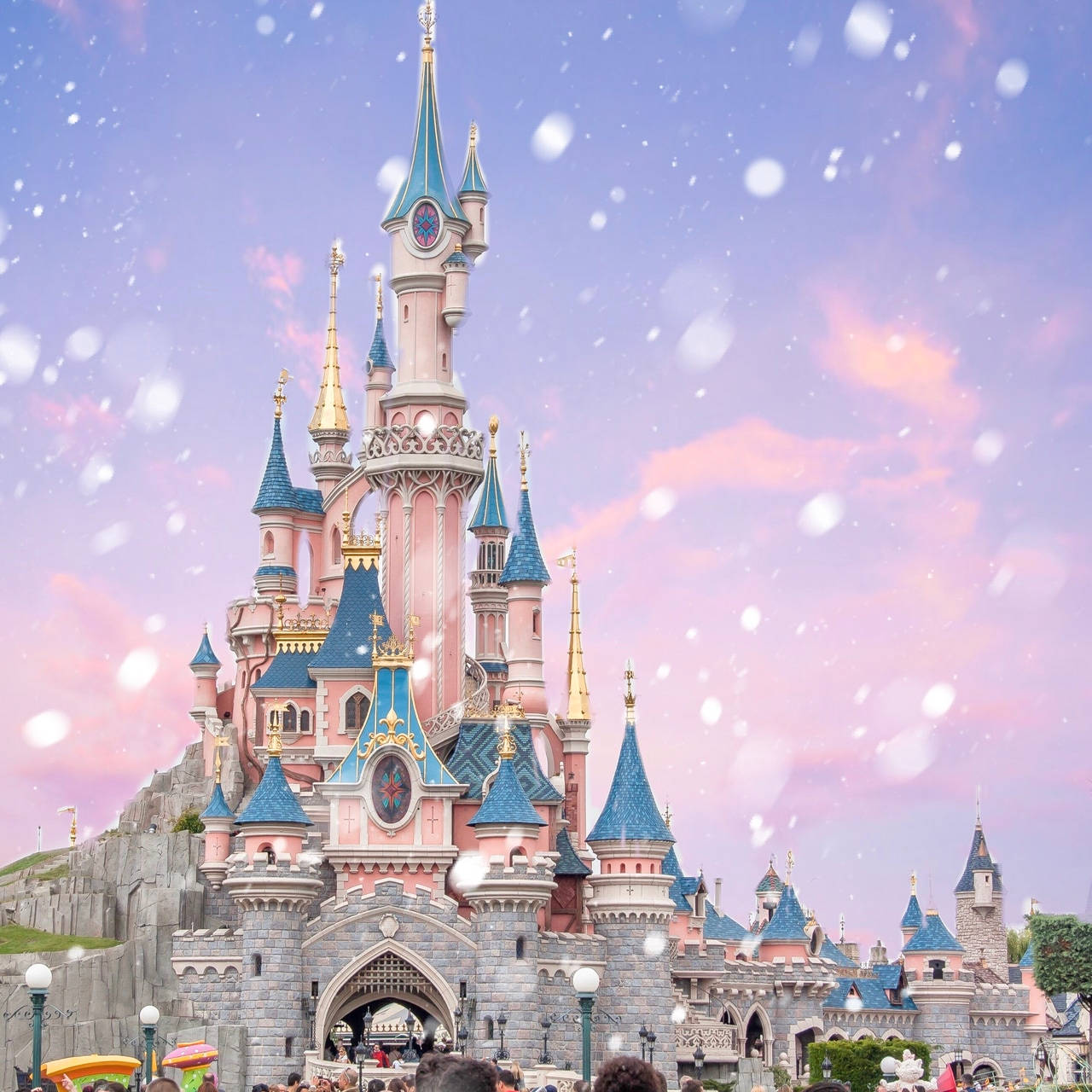 Cute Disney, pink and blue castle, golden spires, HD Desktop Wallpaper